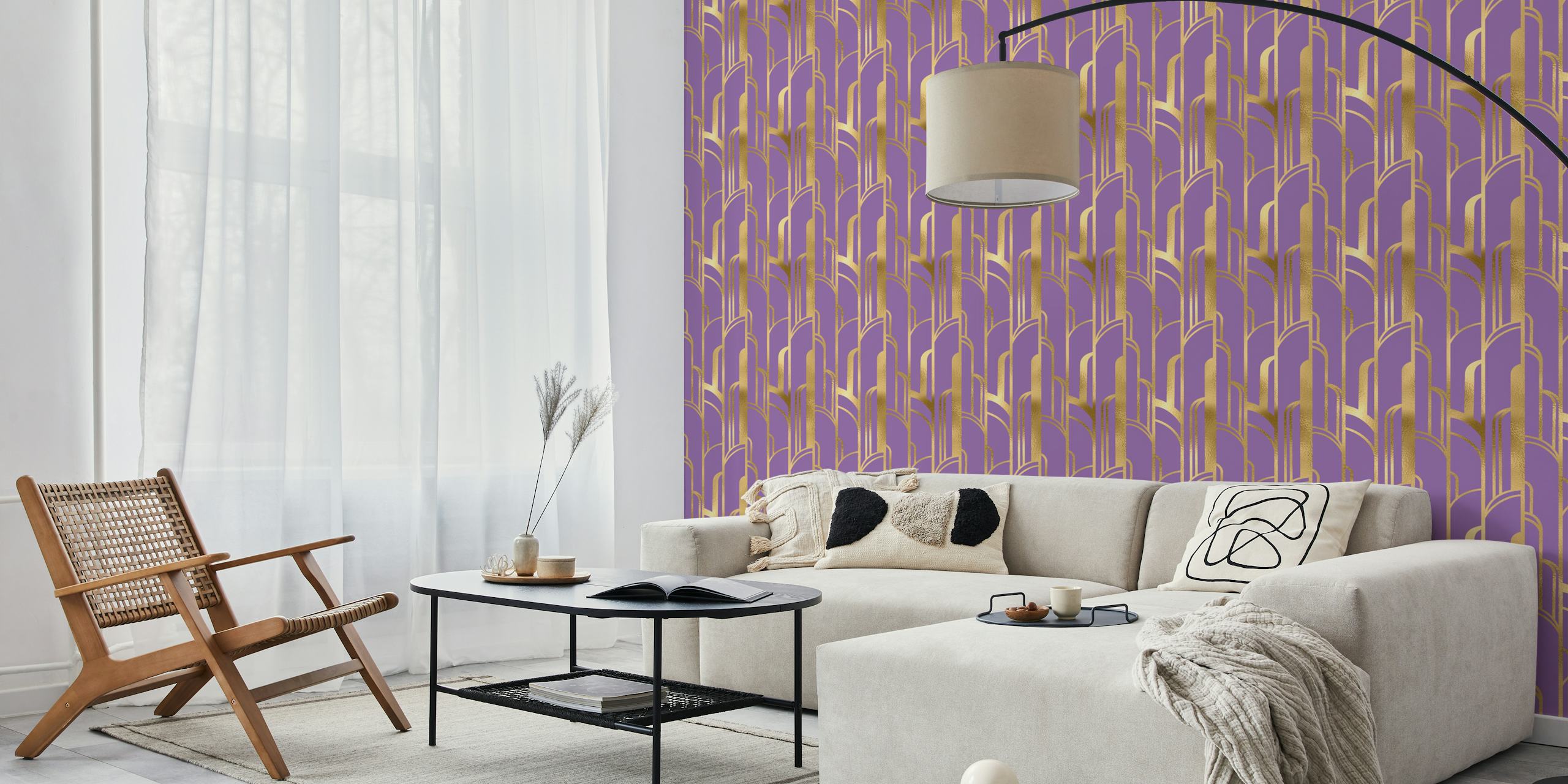 Art Deco design with gold geometric shapes on purple wallpaper