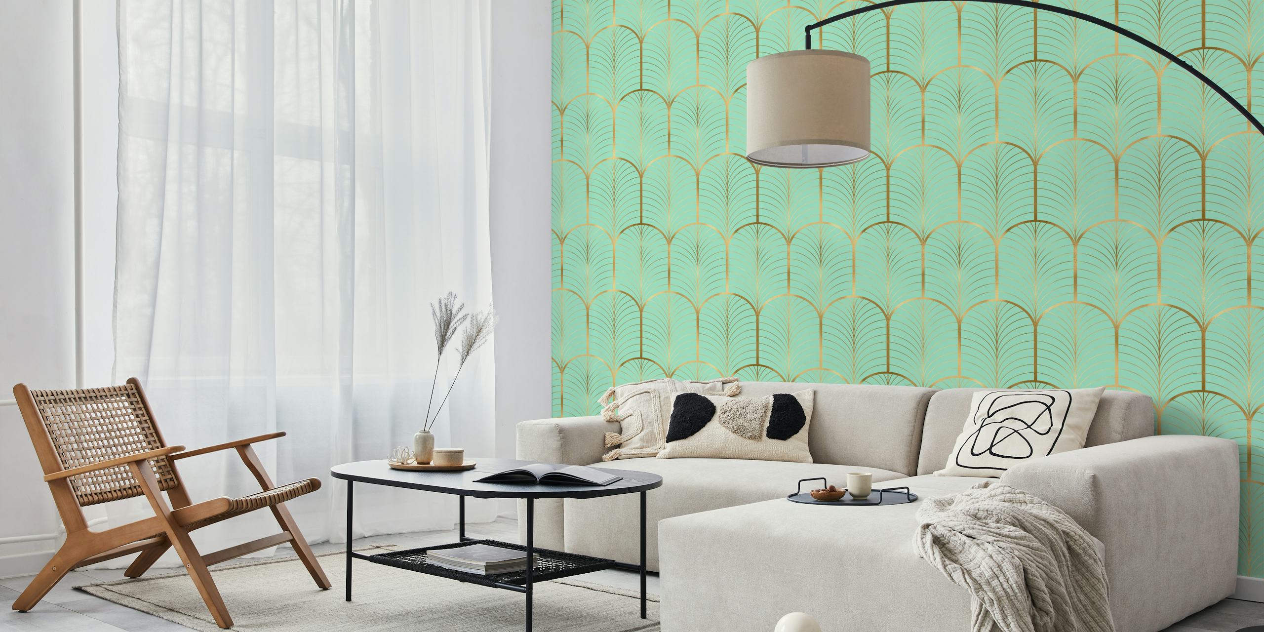Art Deco wallpaper design in gold and mint green