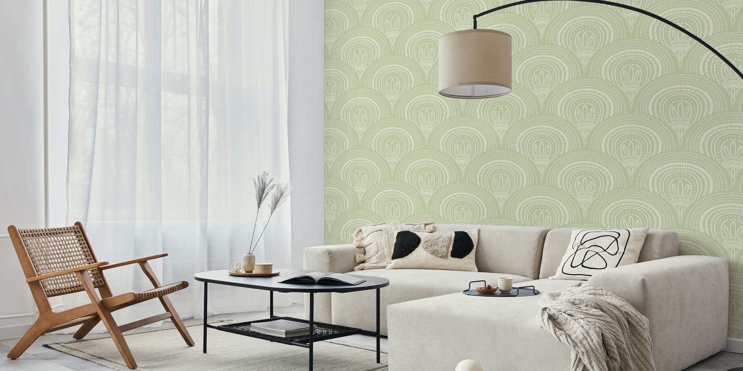 Sage ornamental scallop print tapet i et rum