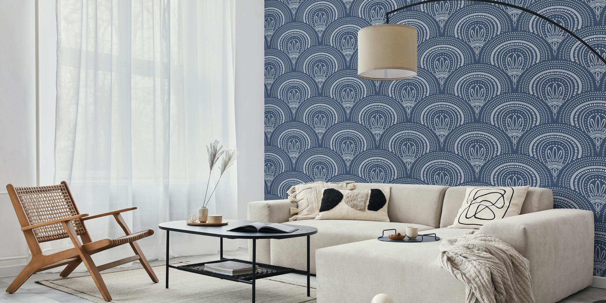 Ταπετσαρία Ornamental scallop print - navy σε ένα δωμάτιο