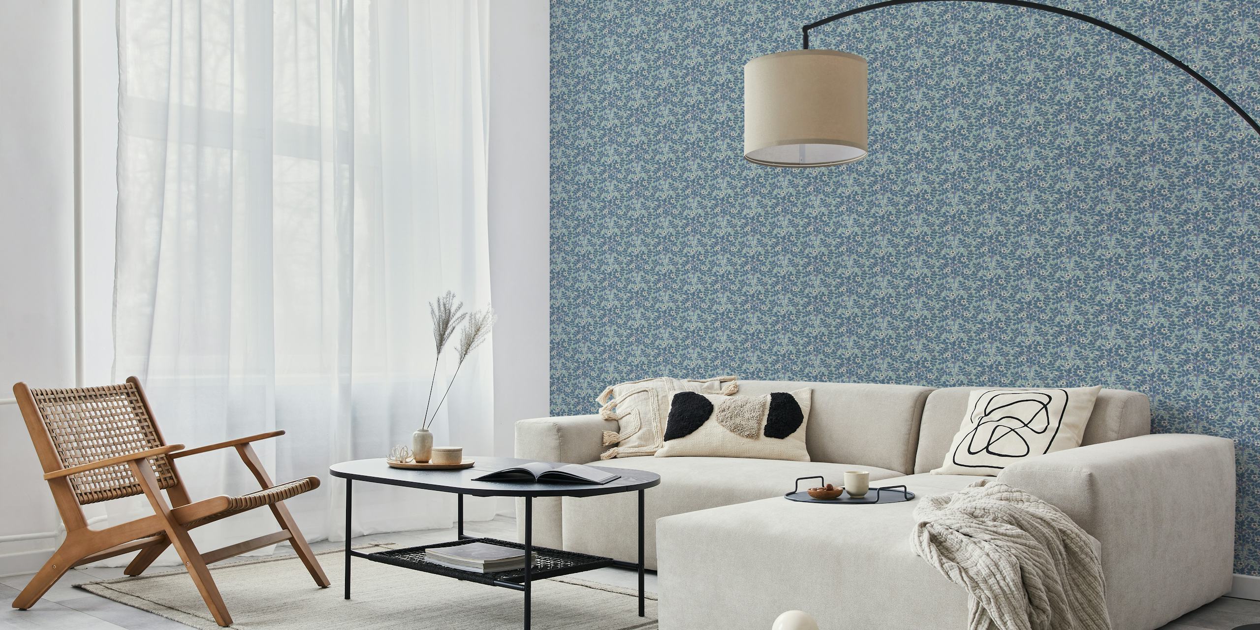 Elegant blue wildrose pattern wall mural by Pillard Verneuil for home decor