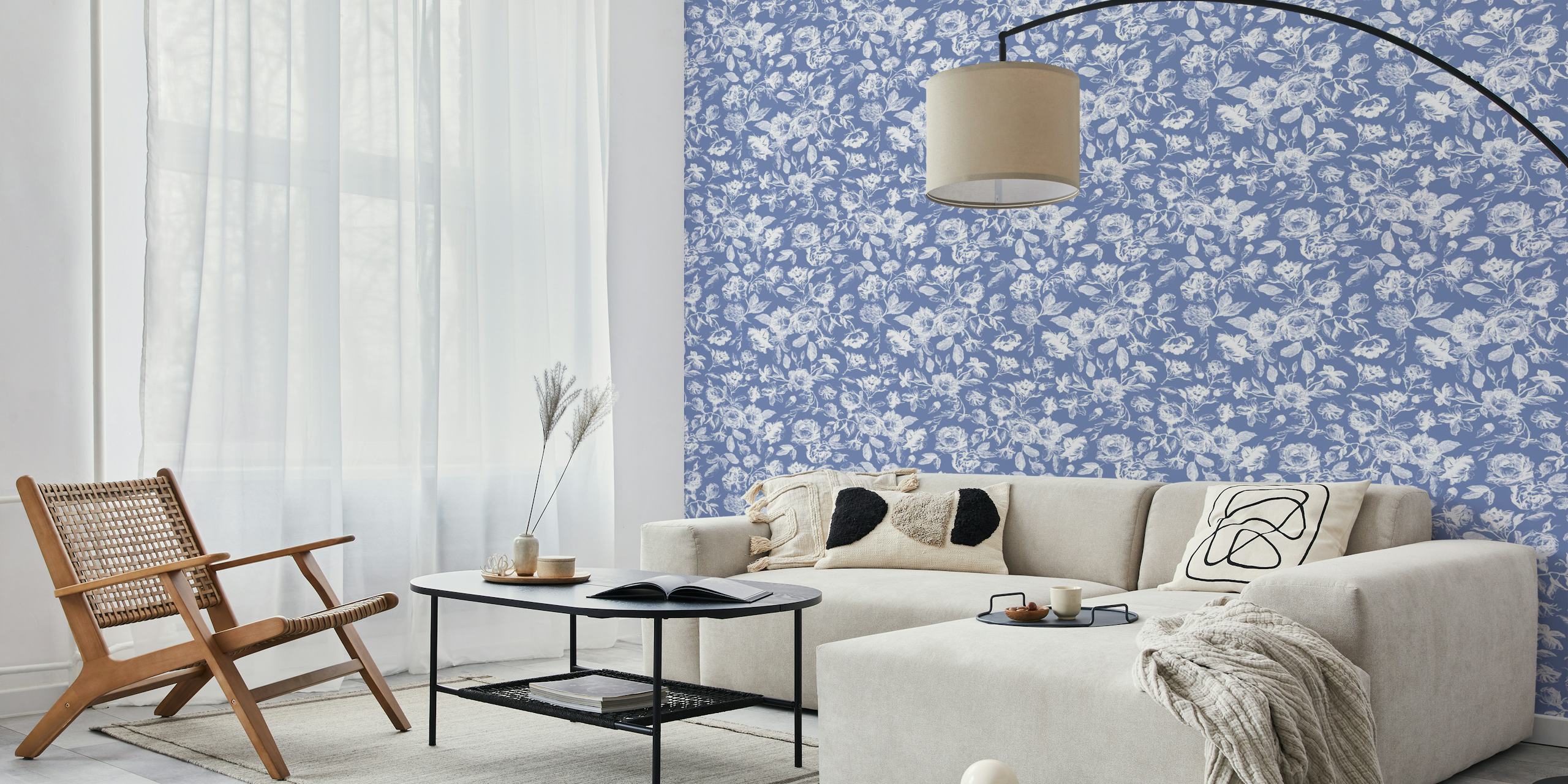 White roses floral pattern on blue background wallpaper