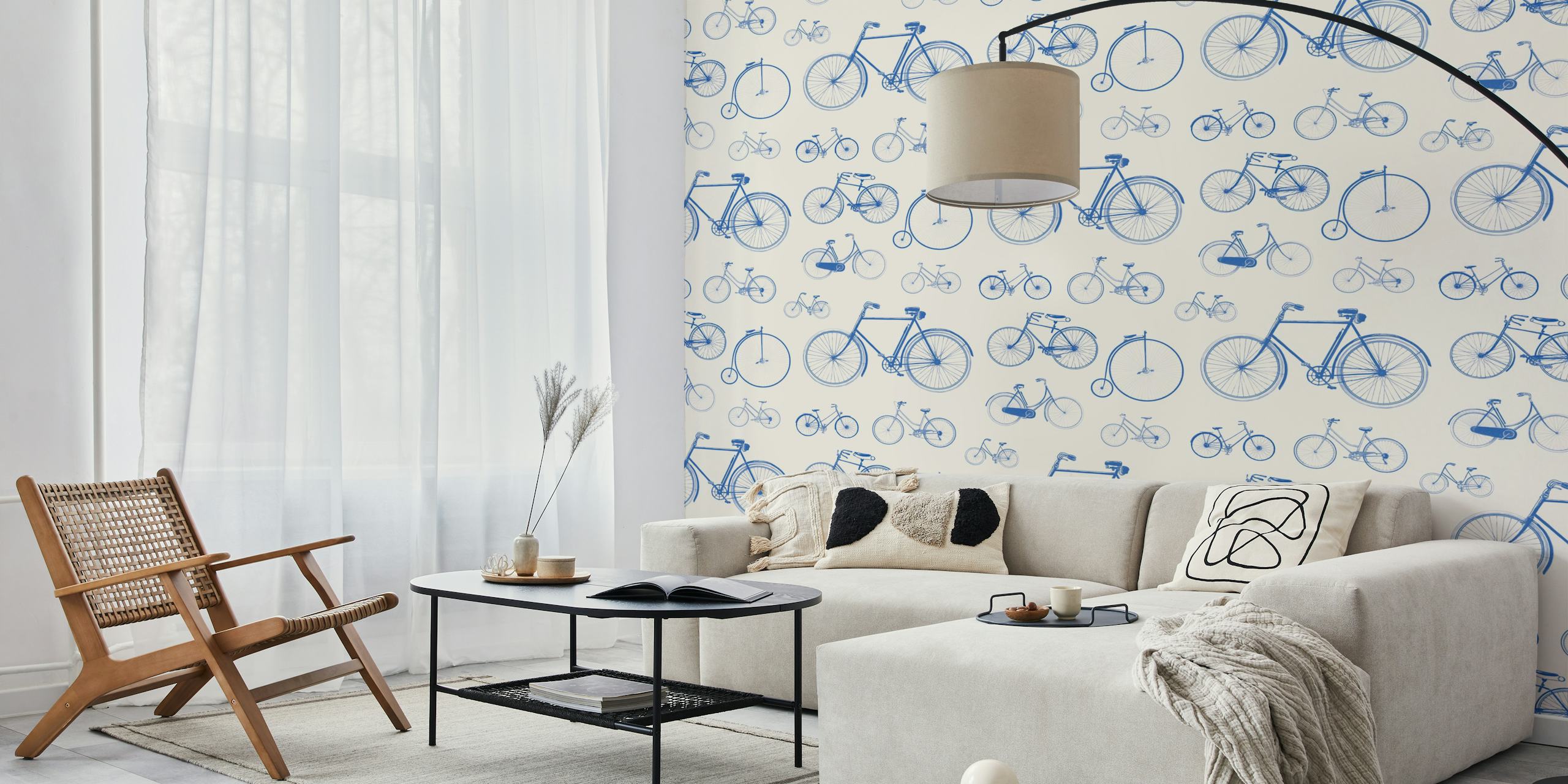 Vintage bikes pattern wallpaper in blue