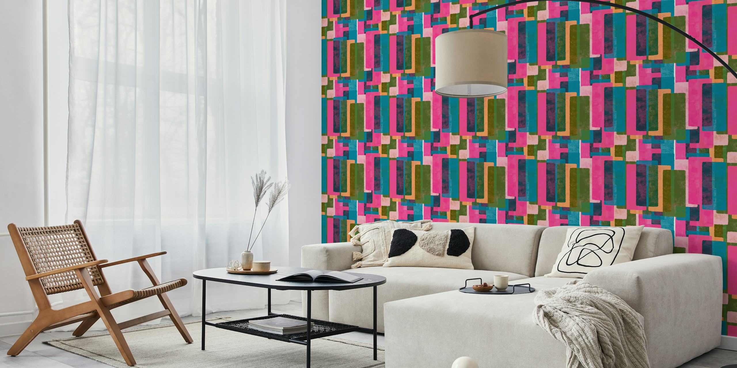 Mid Century Color Blocks Kaleidoscope Pink wallpaper in a room
