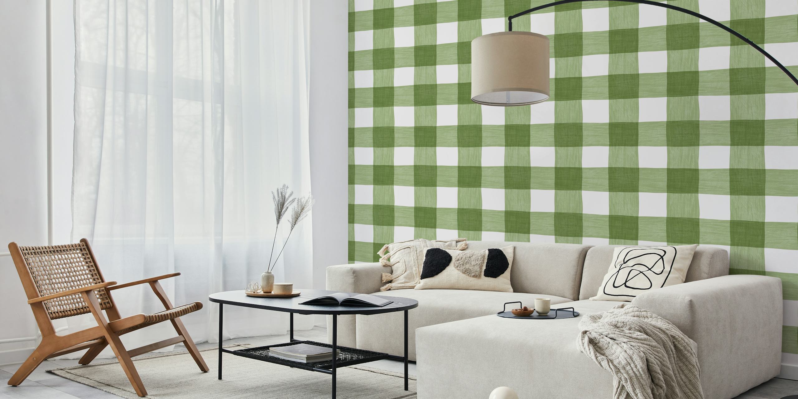 Hand Painted Gingham in Sage Green Checker tapeta u sobi