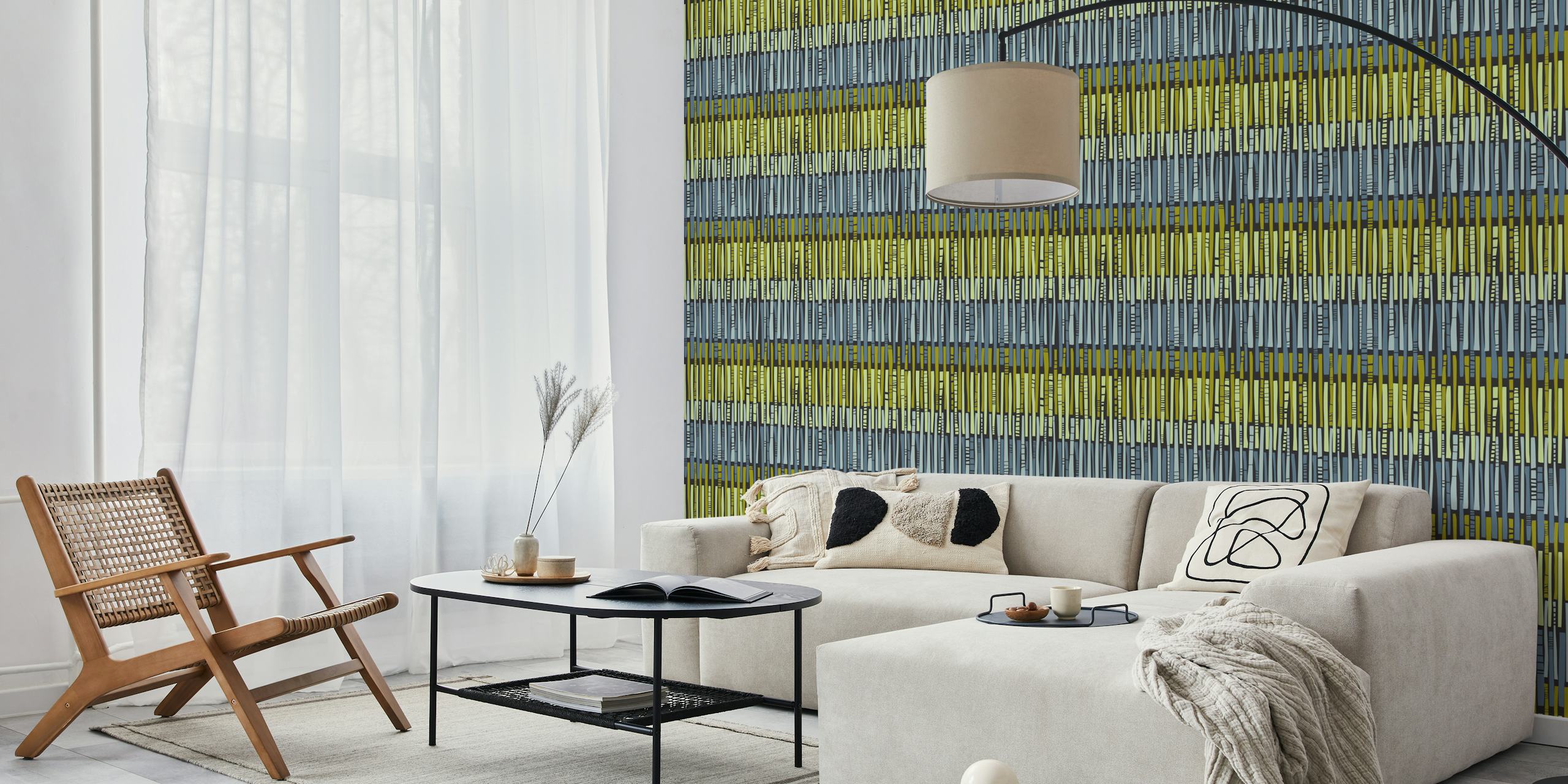 Geometric striped wallpaper featuring blue, yellow, and black colors