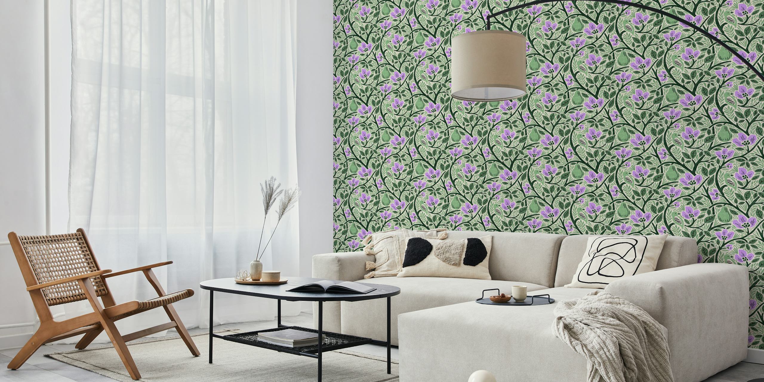 Floral pattern with green leaves, purple flowers, and birds wallpaper