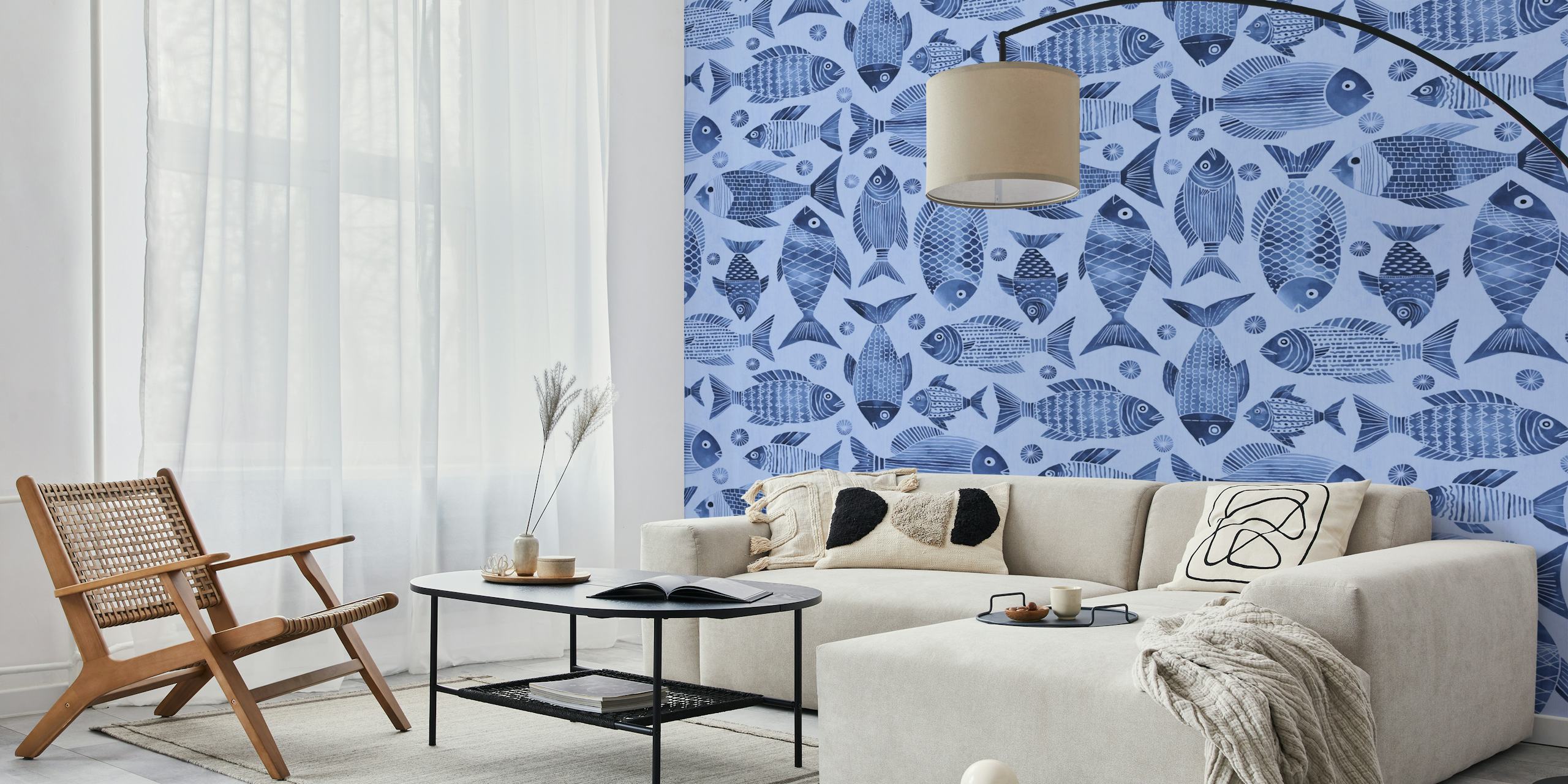 Navy blue fish patterns on a light blue background wallpaper