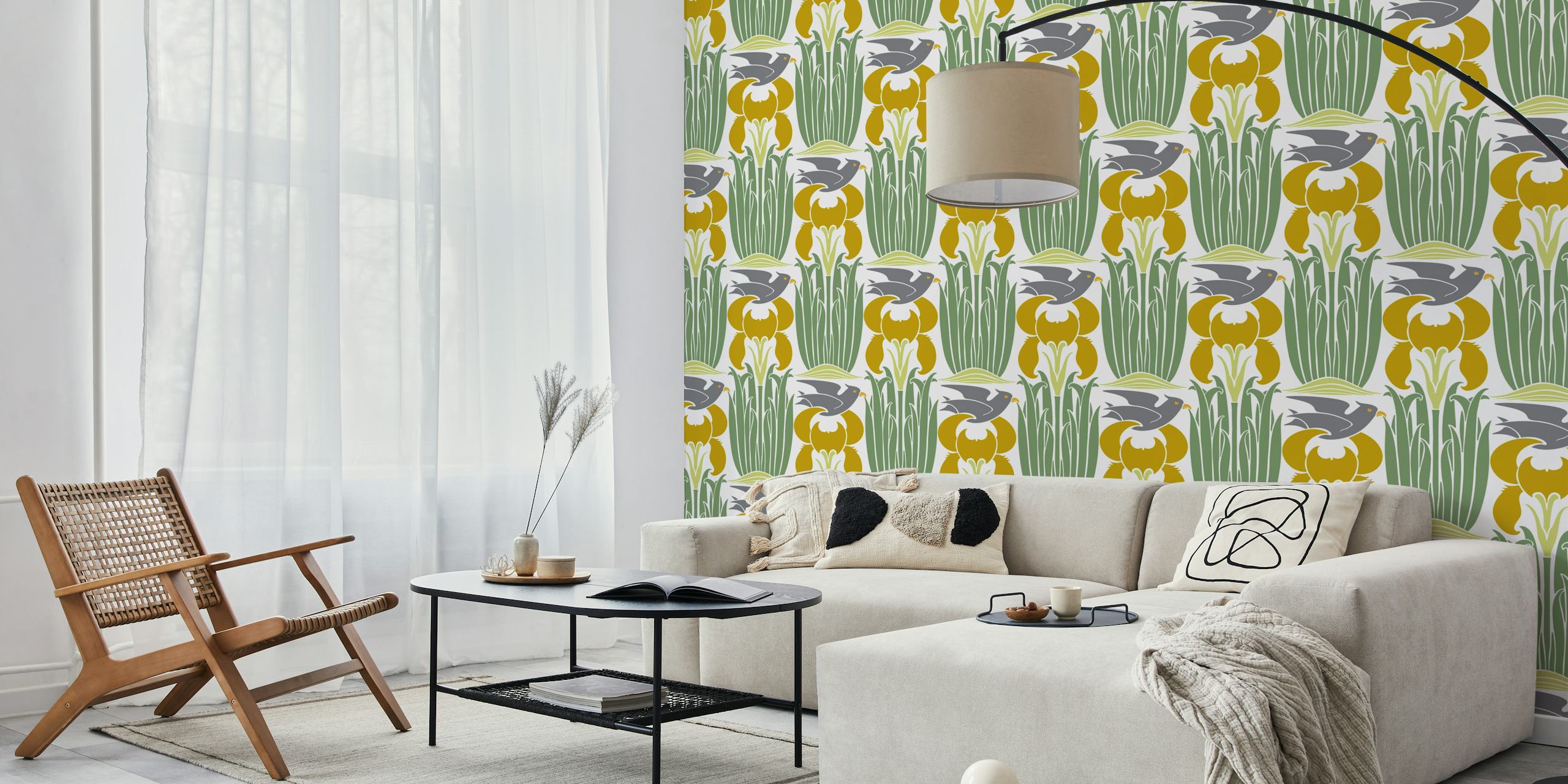 Vintage floral wallpaper with birds and irises in green and yellow colors