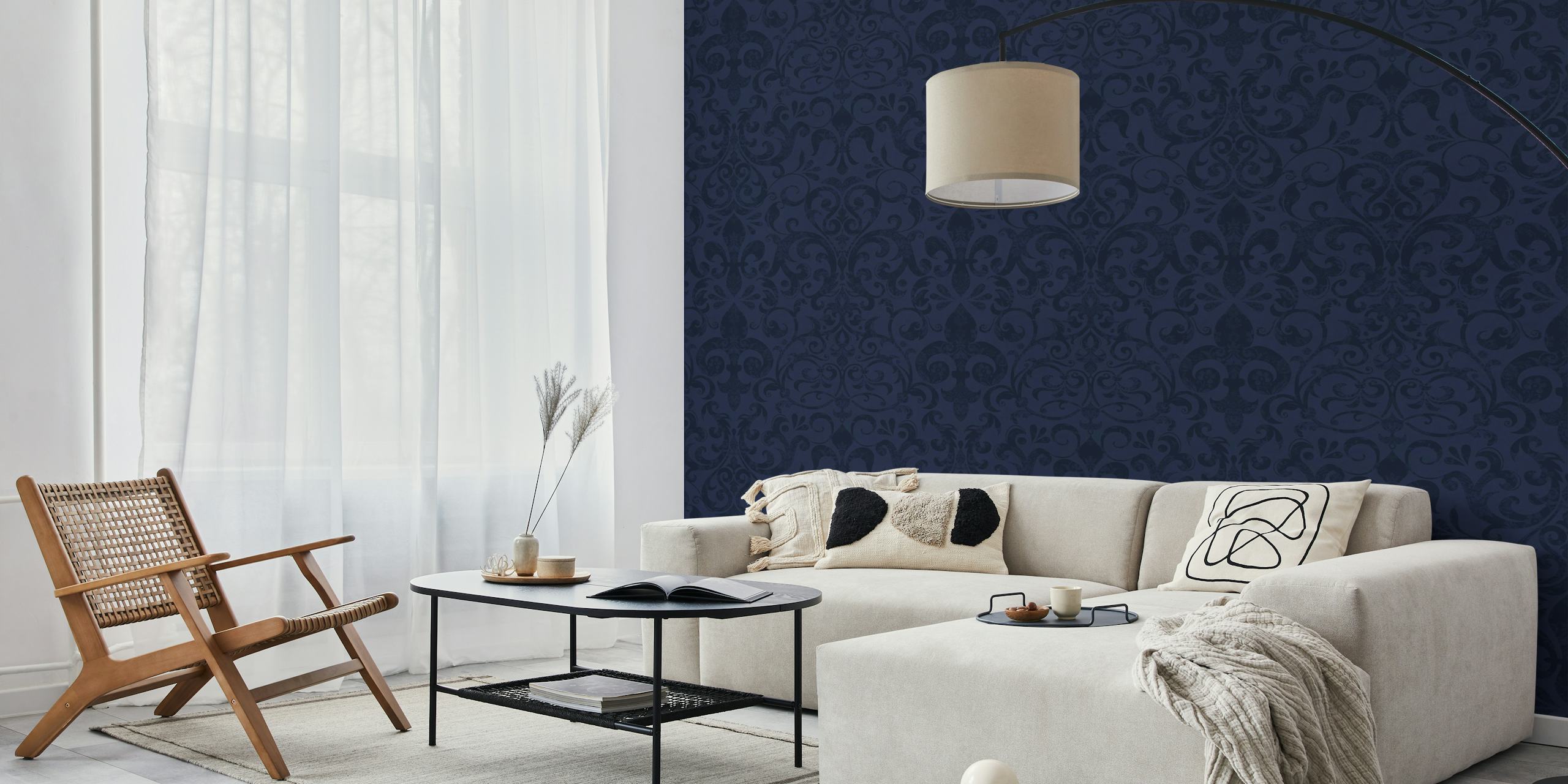 Midnight blue damask wallpaper in room