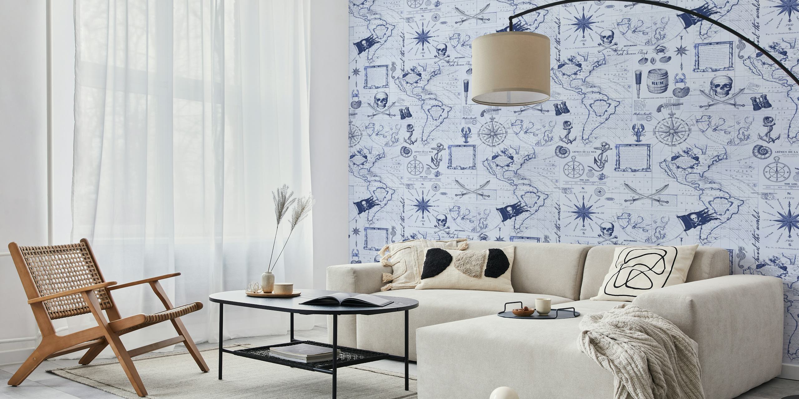 Nautical pirate map design with navy blue and white elements wallpaper