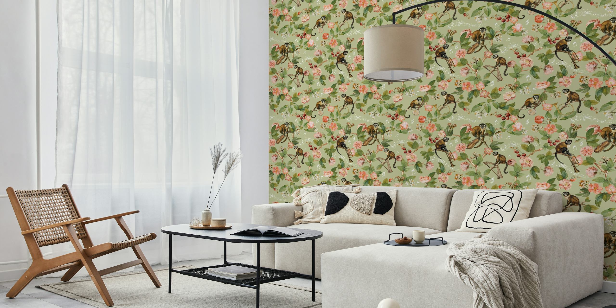 Papel de parede Monkey Band em um design de selva floral