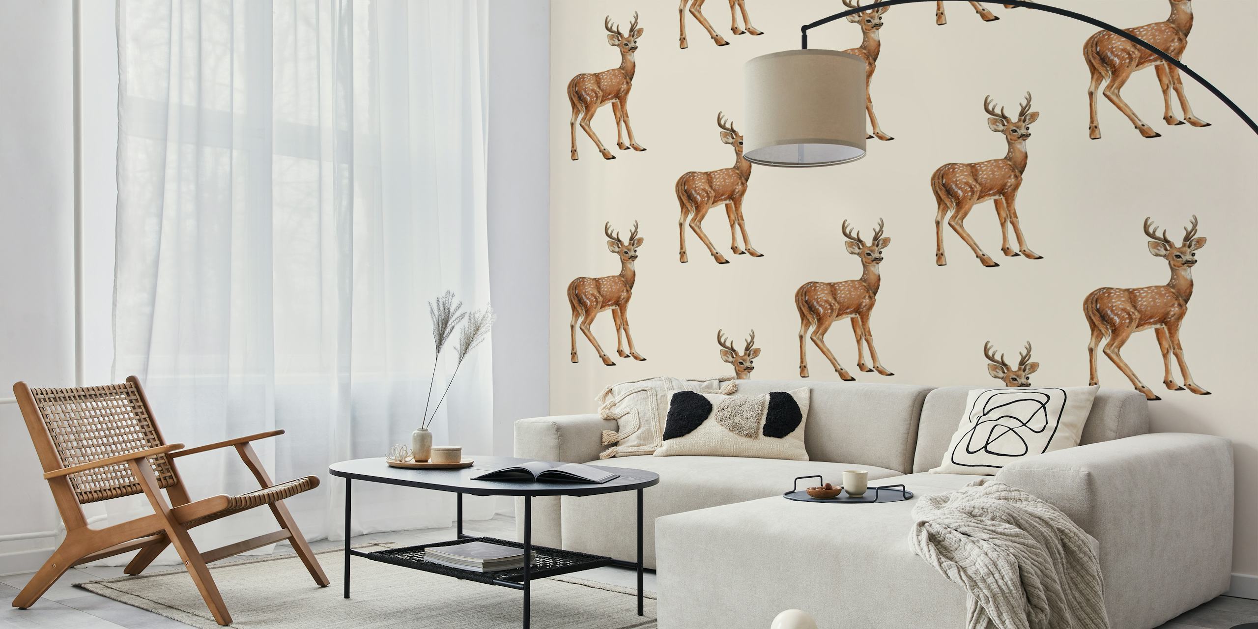 Playful deer on beige background wallpaper