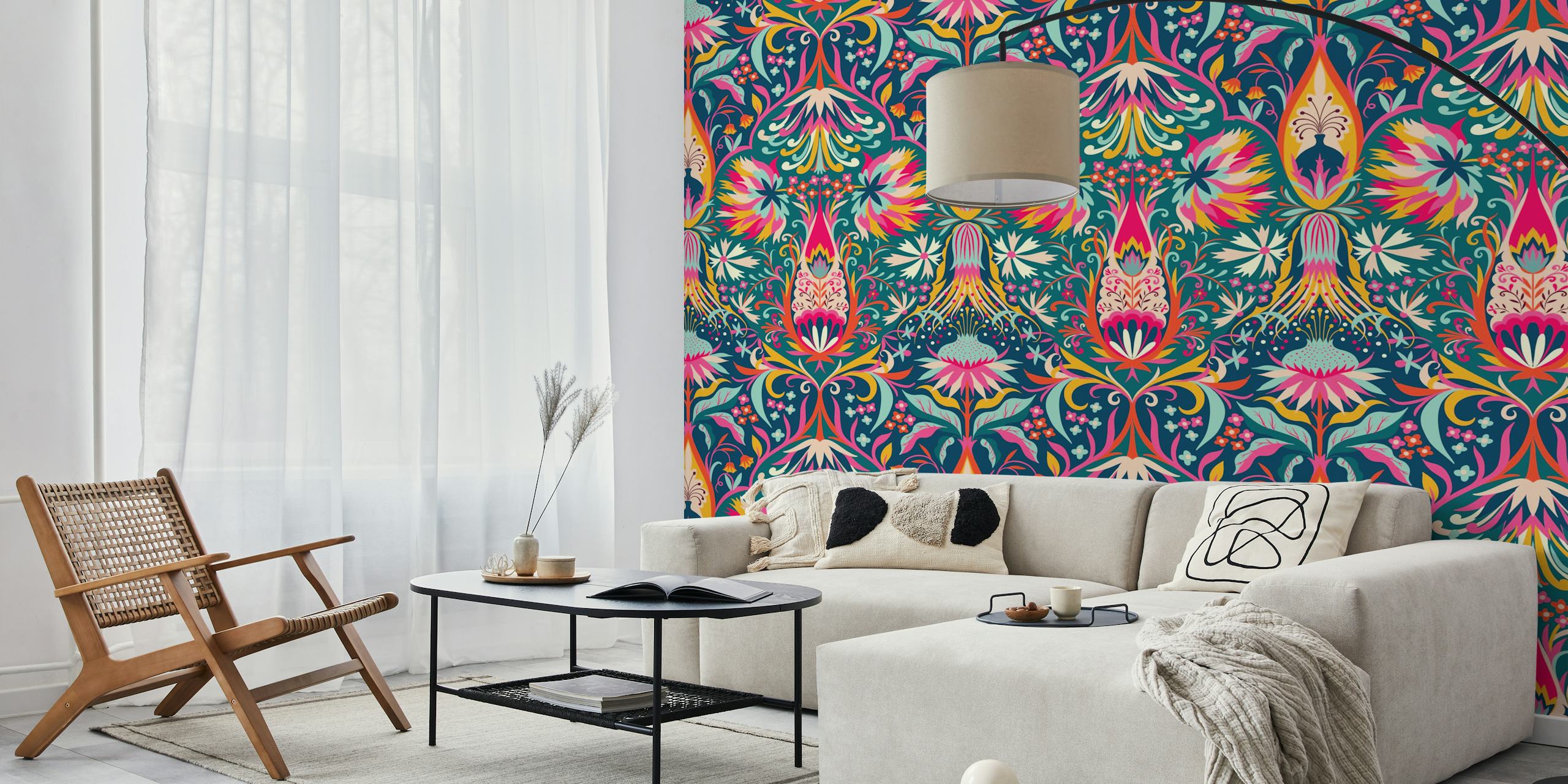 Colorful floral damask wallpaper featuring vibrant patterns in blue, pink, and yellow