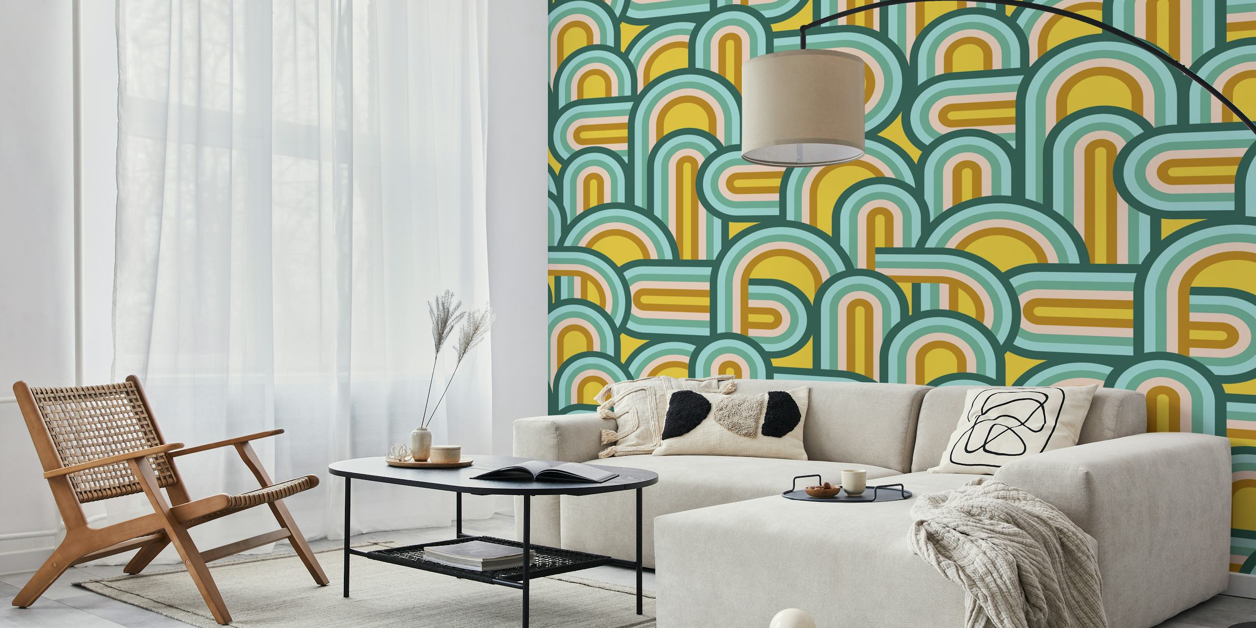 Mural de pared con líneas arqueadas de colores que representa un diseño de arcoíris luminoso