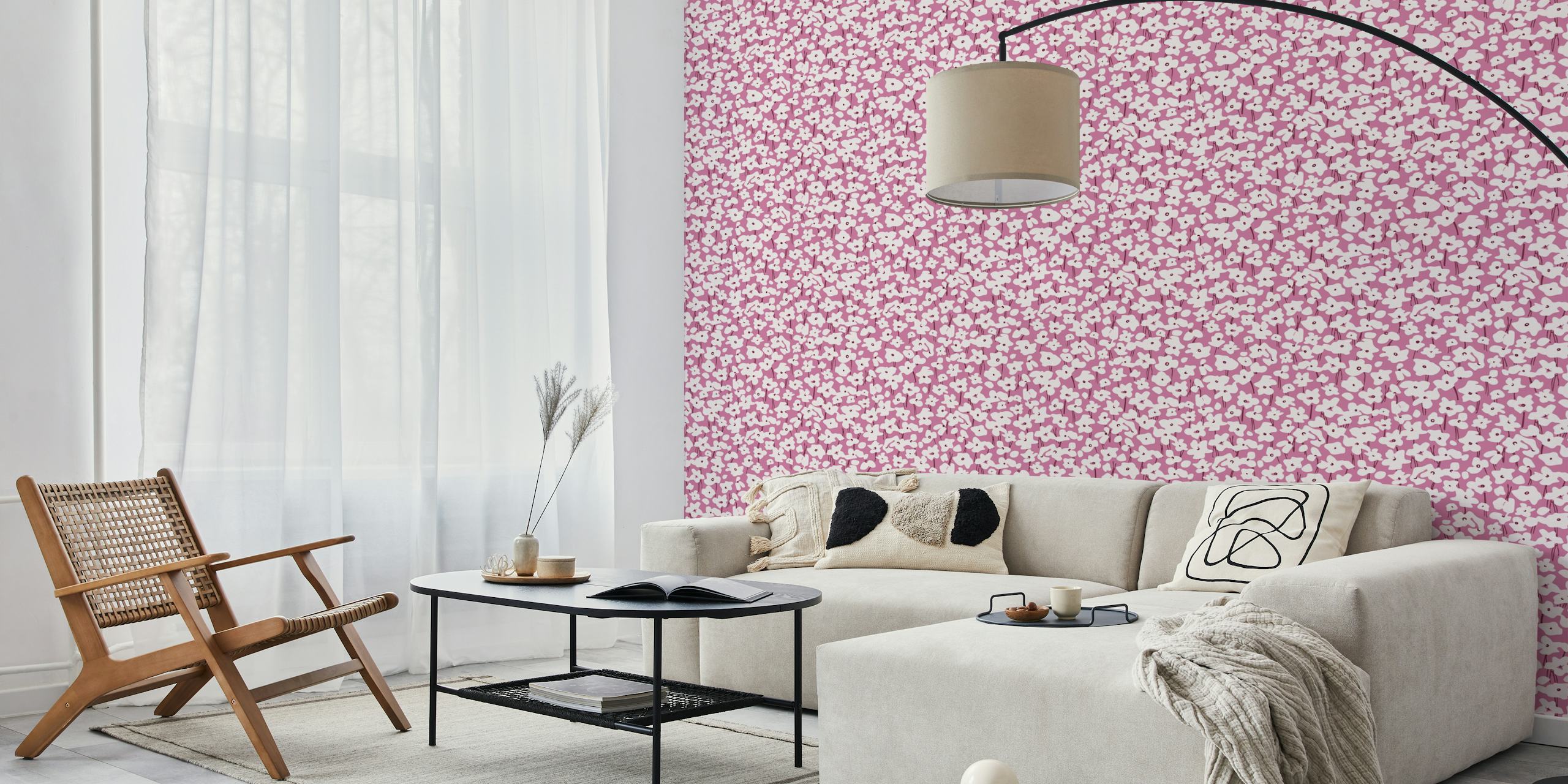 Behang floral pattern fuchsia roze