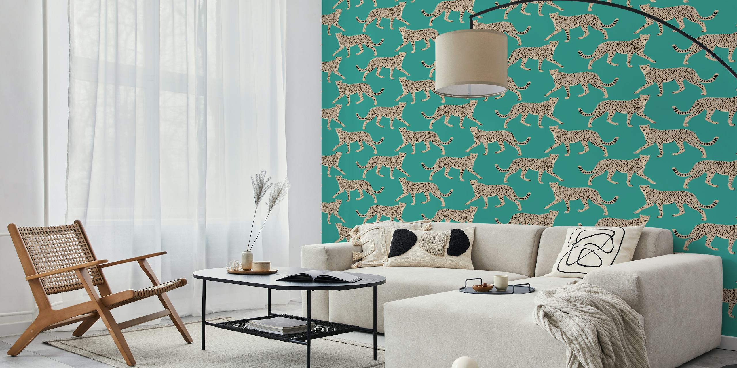 Cheetah animal pattern on teal background wallpaper