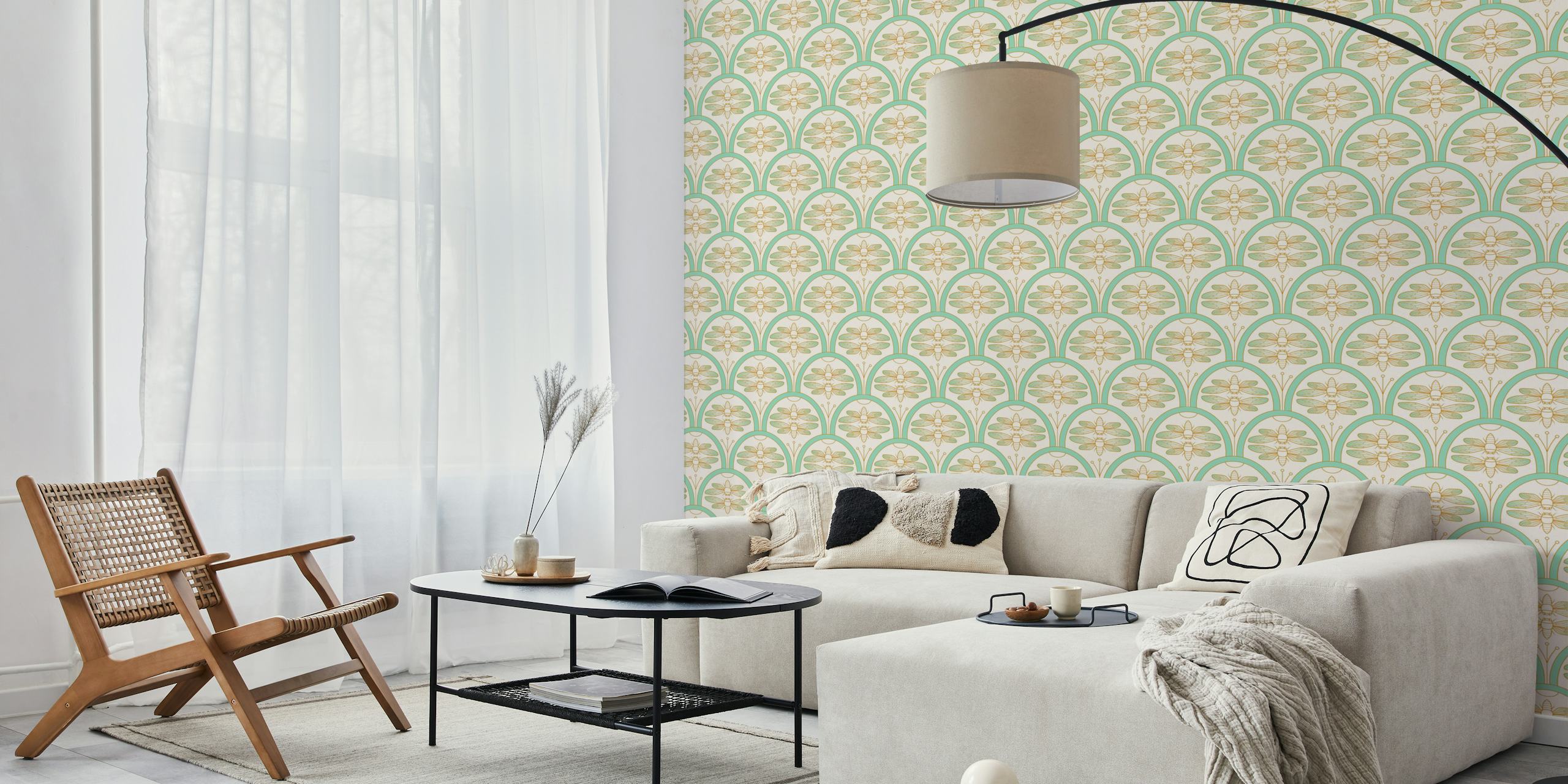 Cicada damask pattern in mint and blush colors wallpaper