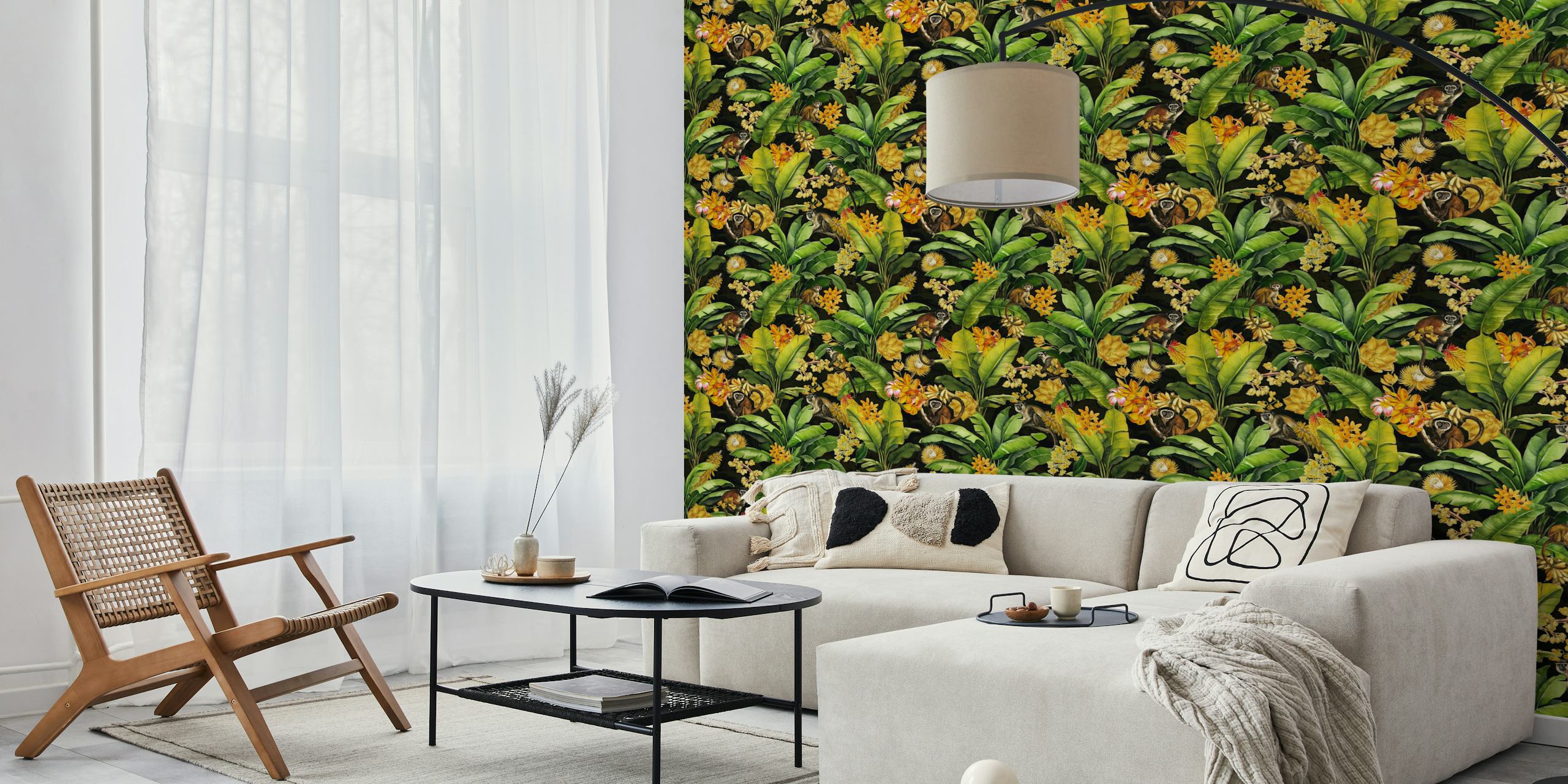 Vintage monkeys in tropical jungle wallpaper