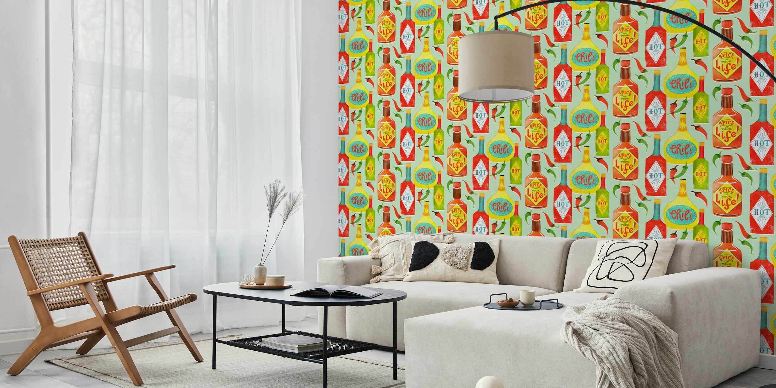 Vibrant wallpaper design with hot sauce bottles