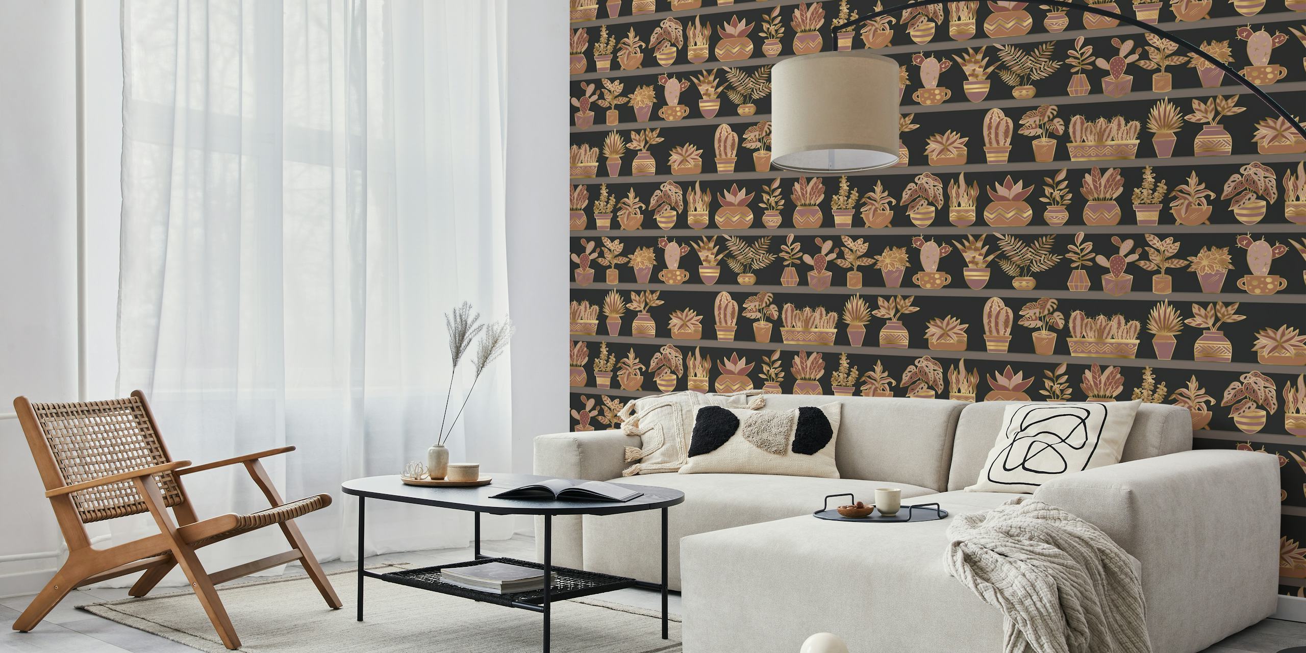 Shelves with various potted plants in earthy tones wallpaper
