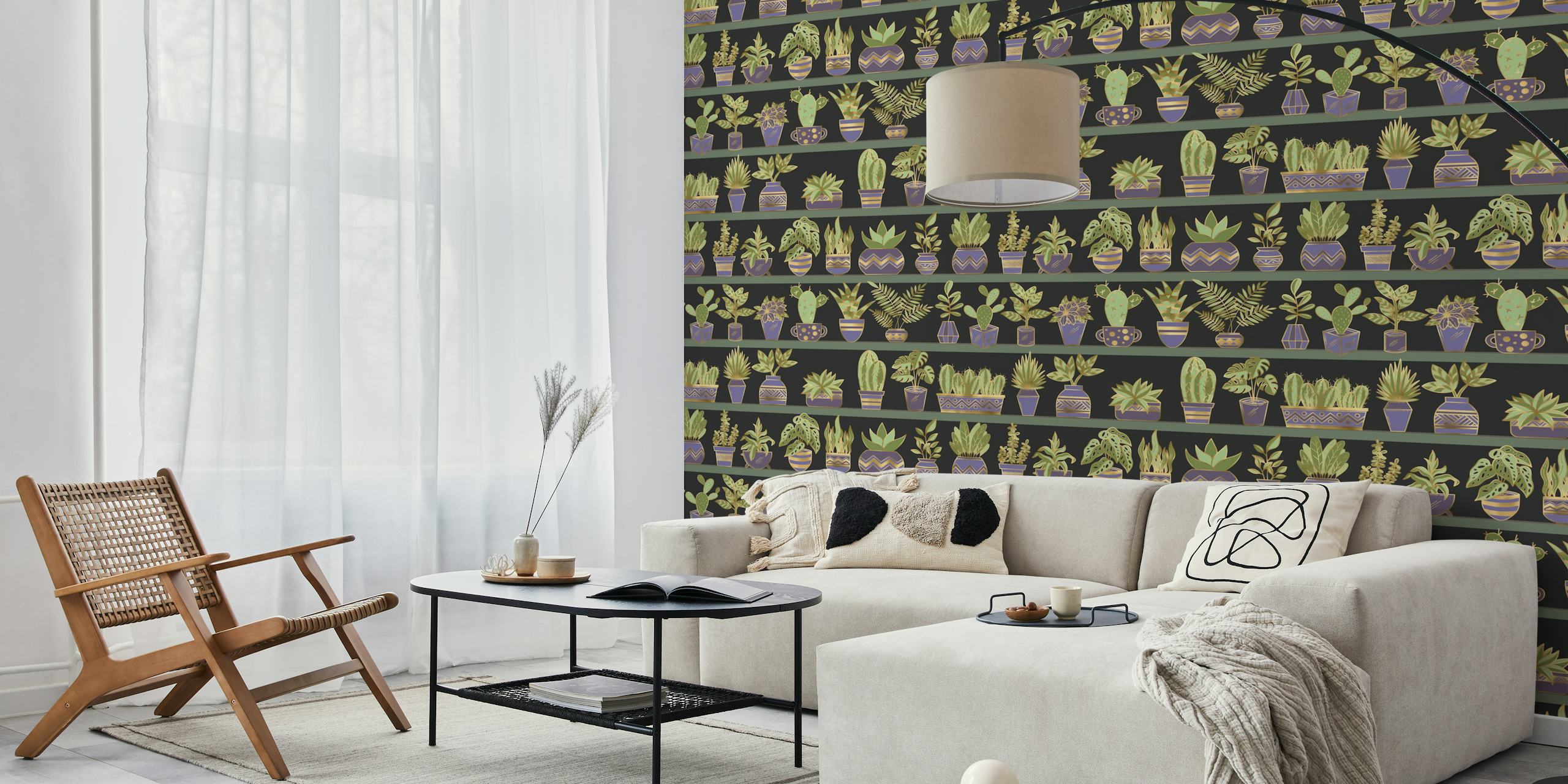 Tapetdesign med planter på hylder