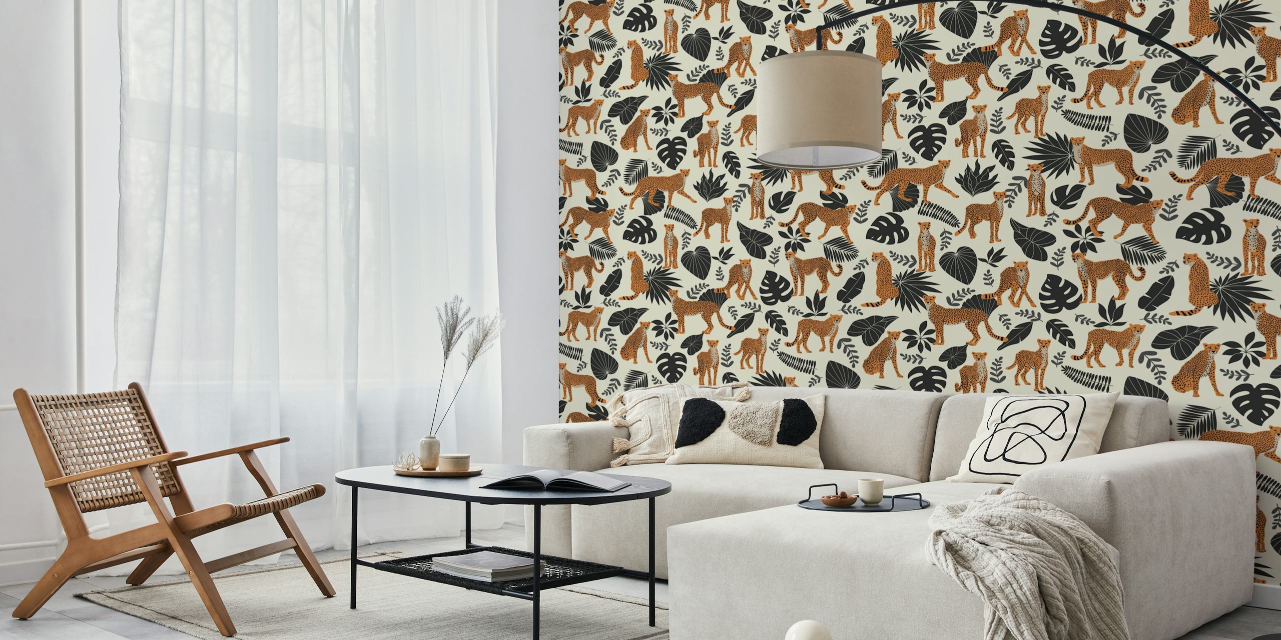 Cheetah and tropical leaves pattern in black and beige wallpaper
