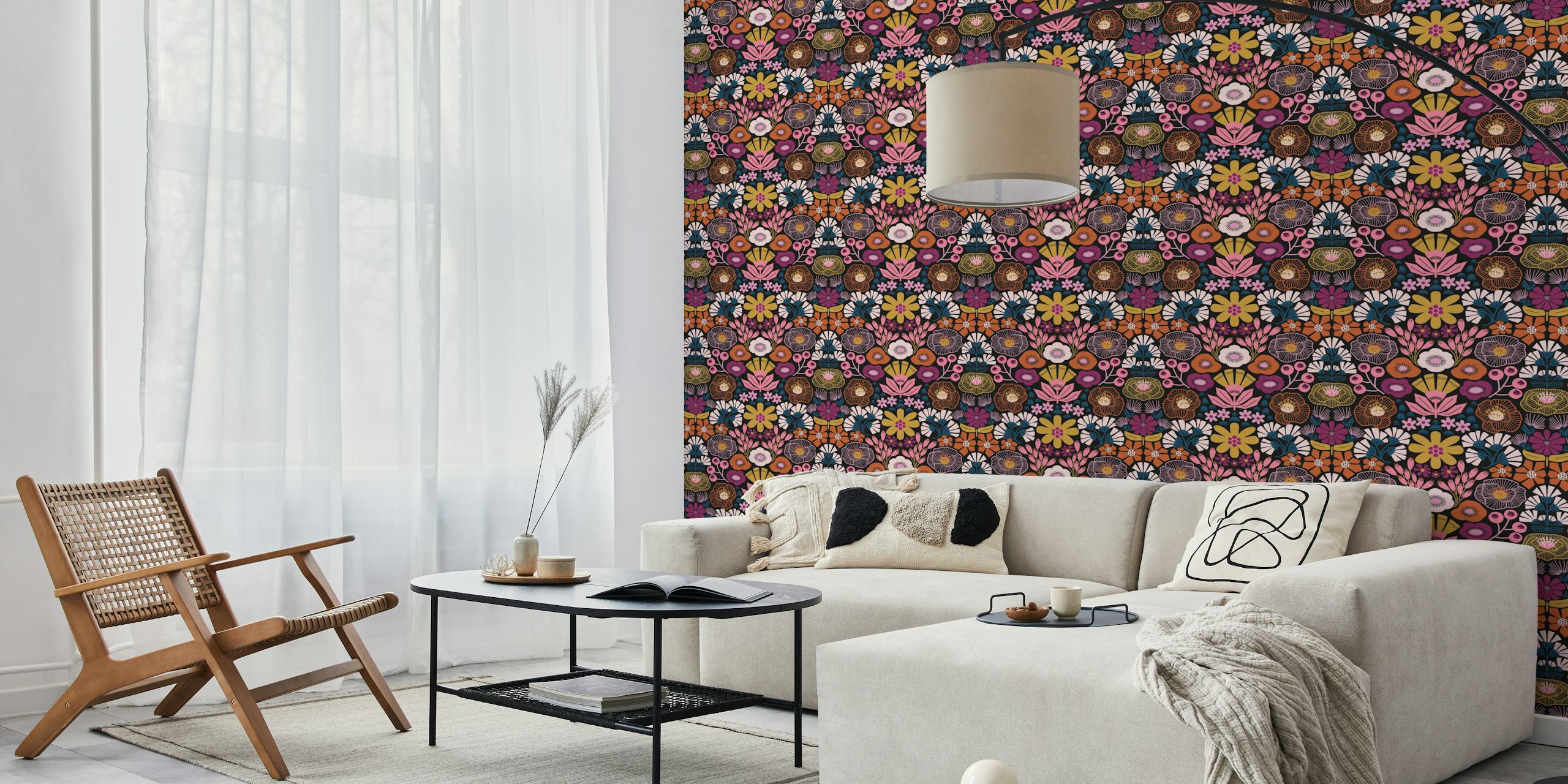 Modern folk art damask wallpaper in a room