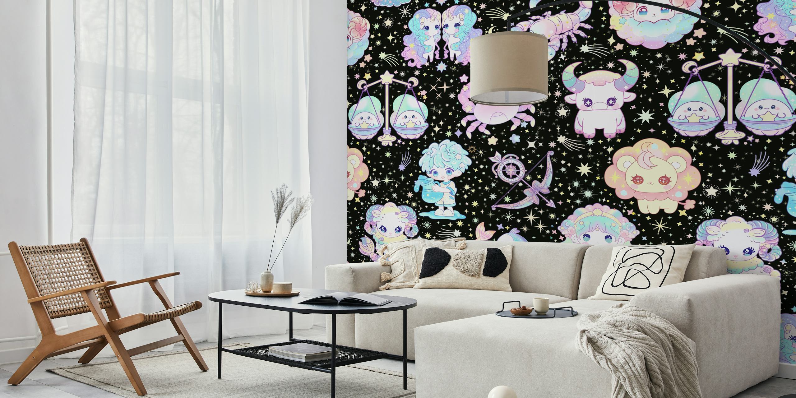 Kawaii zodiac characters and stars in pastel colors on black wallpaper