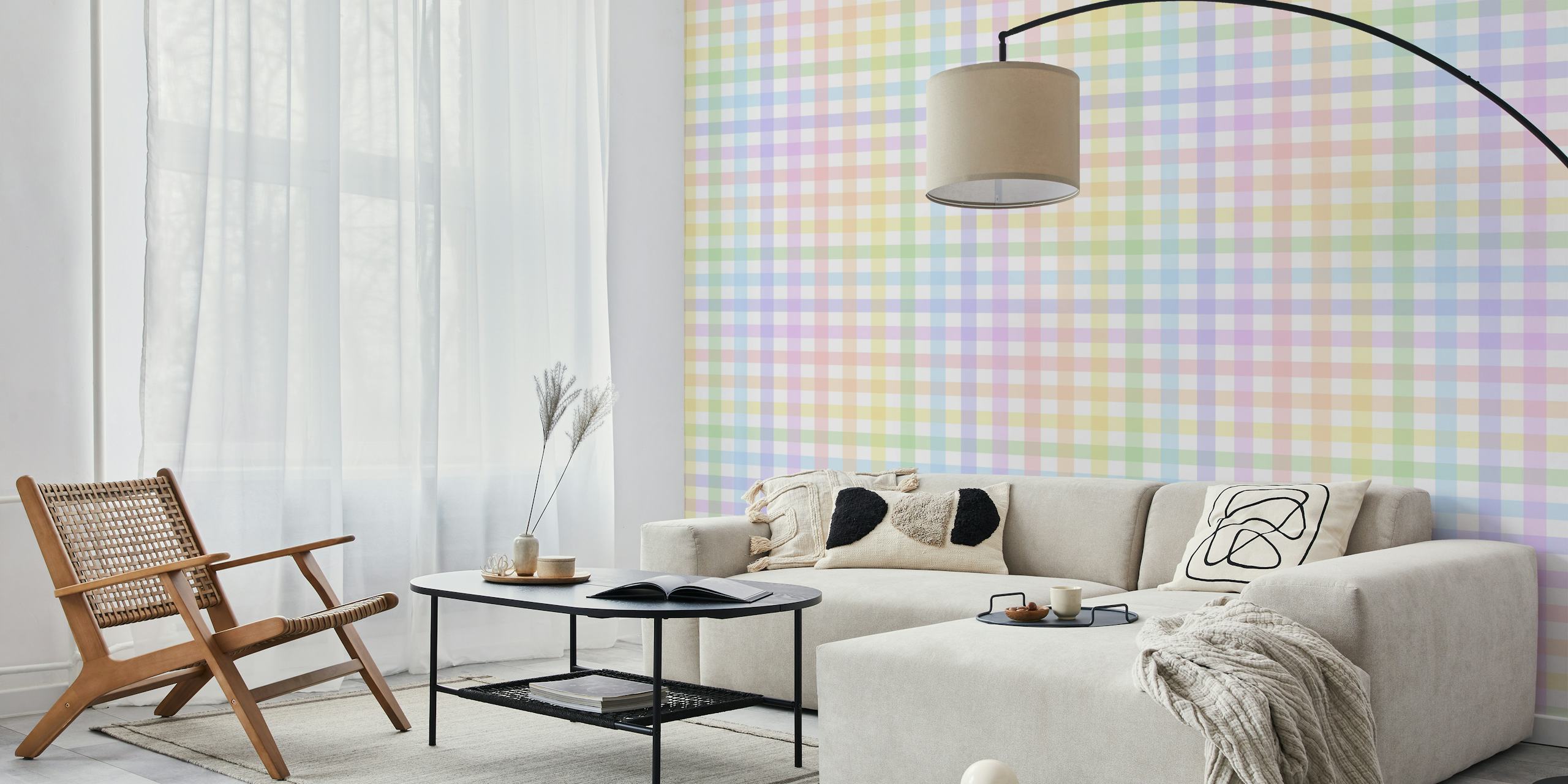 Pastel rainbow gingham wallpaper in a room