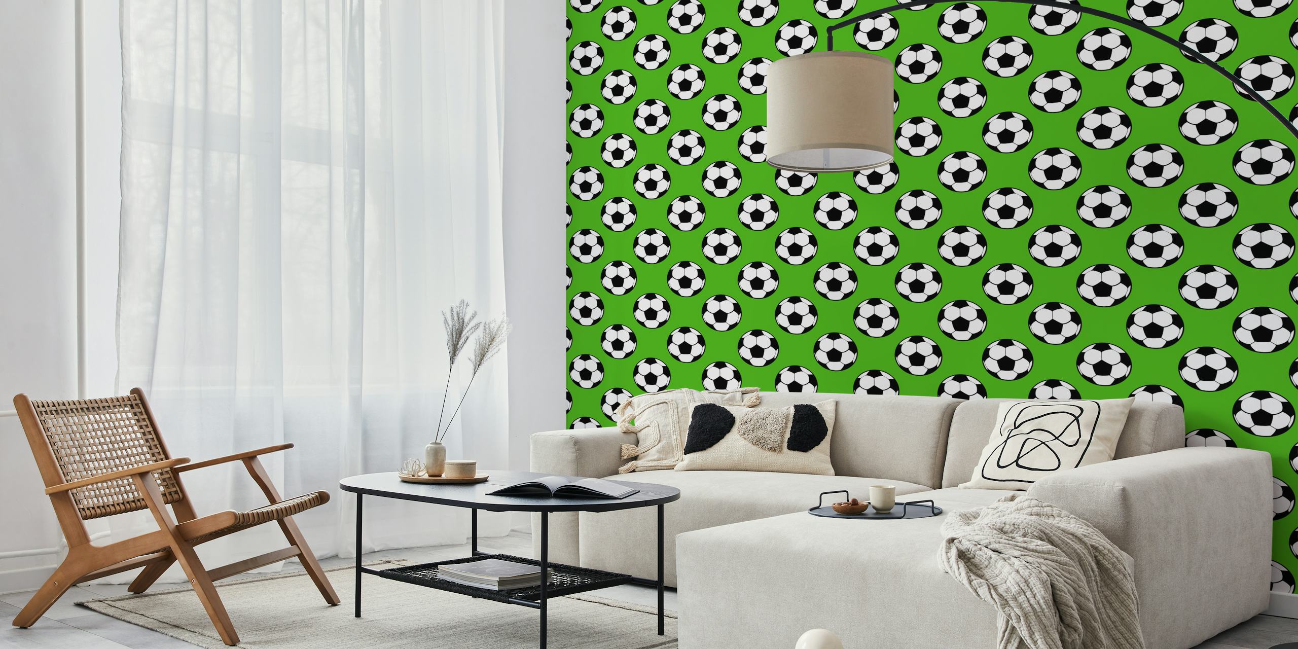 Green background with soccer ball patterns wallpaper