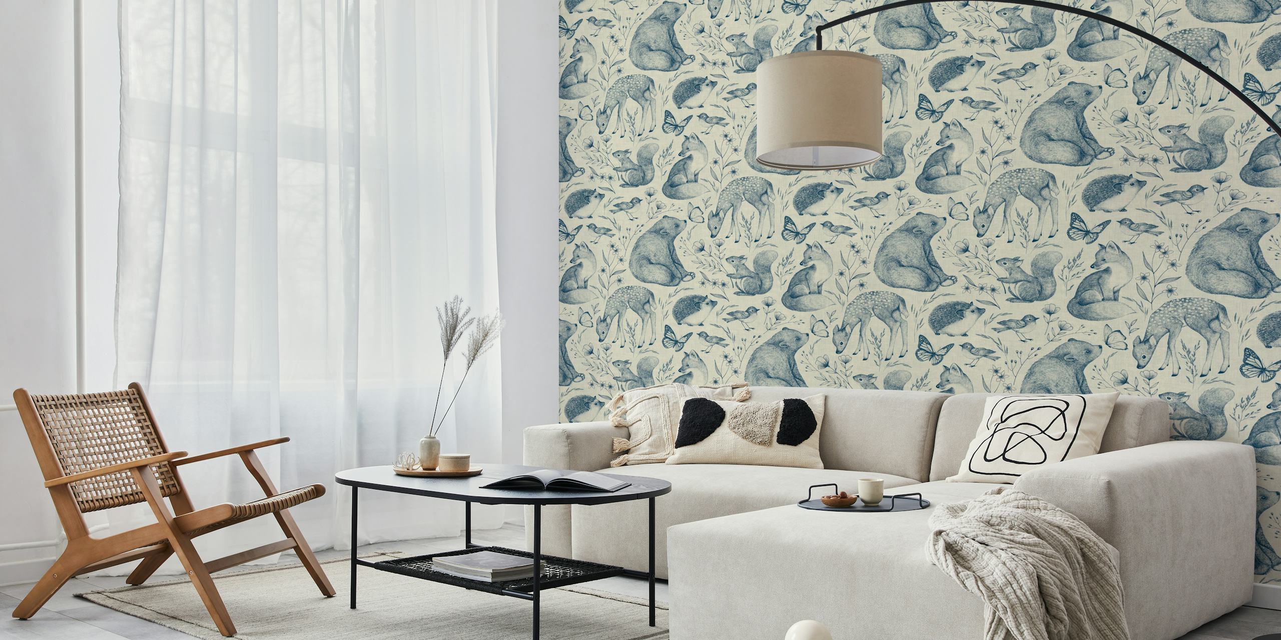 Blue and cream animal motifs including foxes, deer, and flowers wallpaper