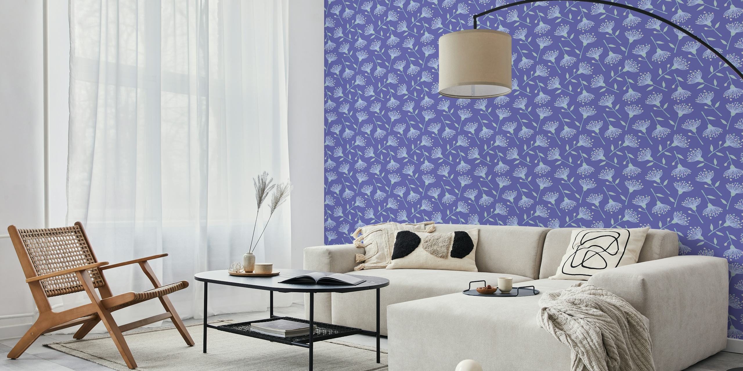 Lavender floral pattern wallpaper with eucalyptus leaves