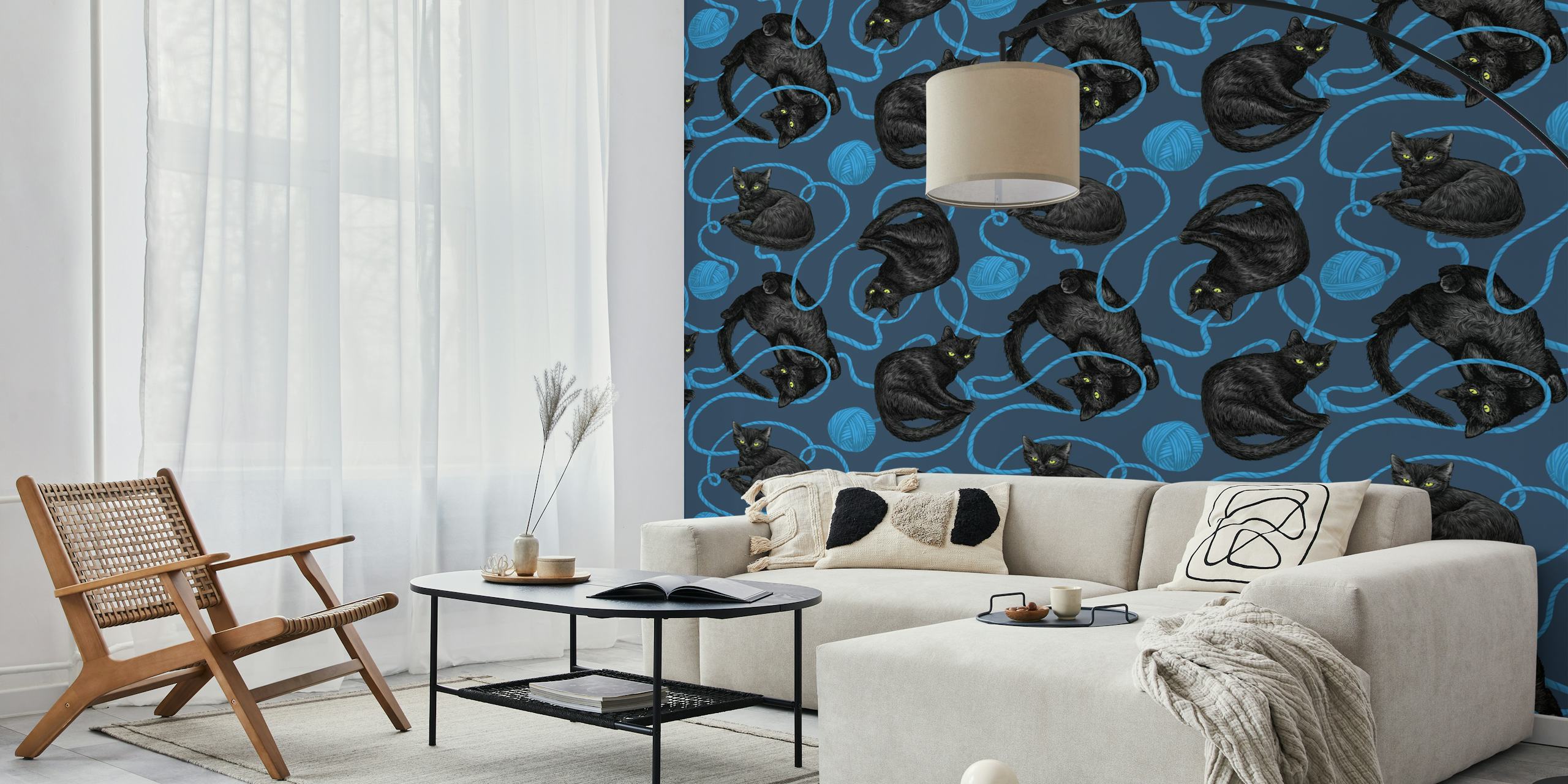 Black cats and blue yarn on dark blue background wallpaper