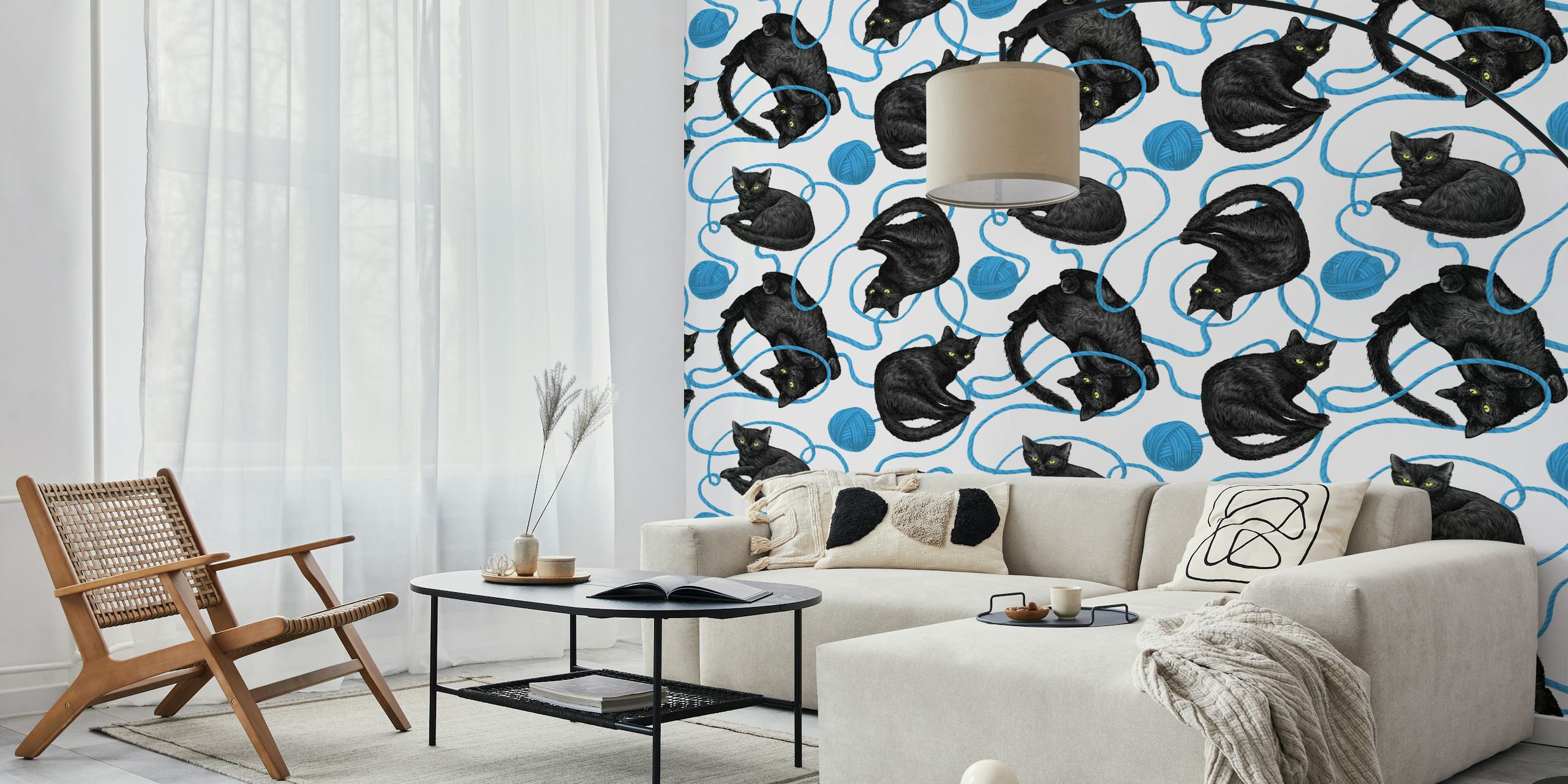 Svart katt och garn tapetdesign