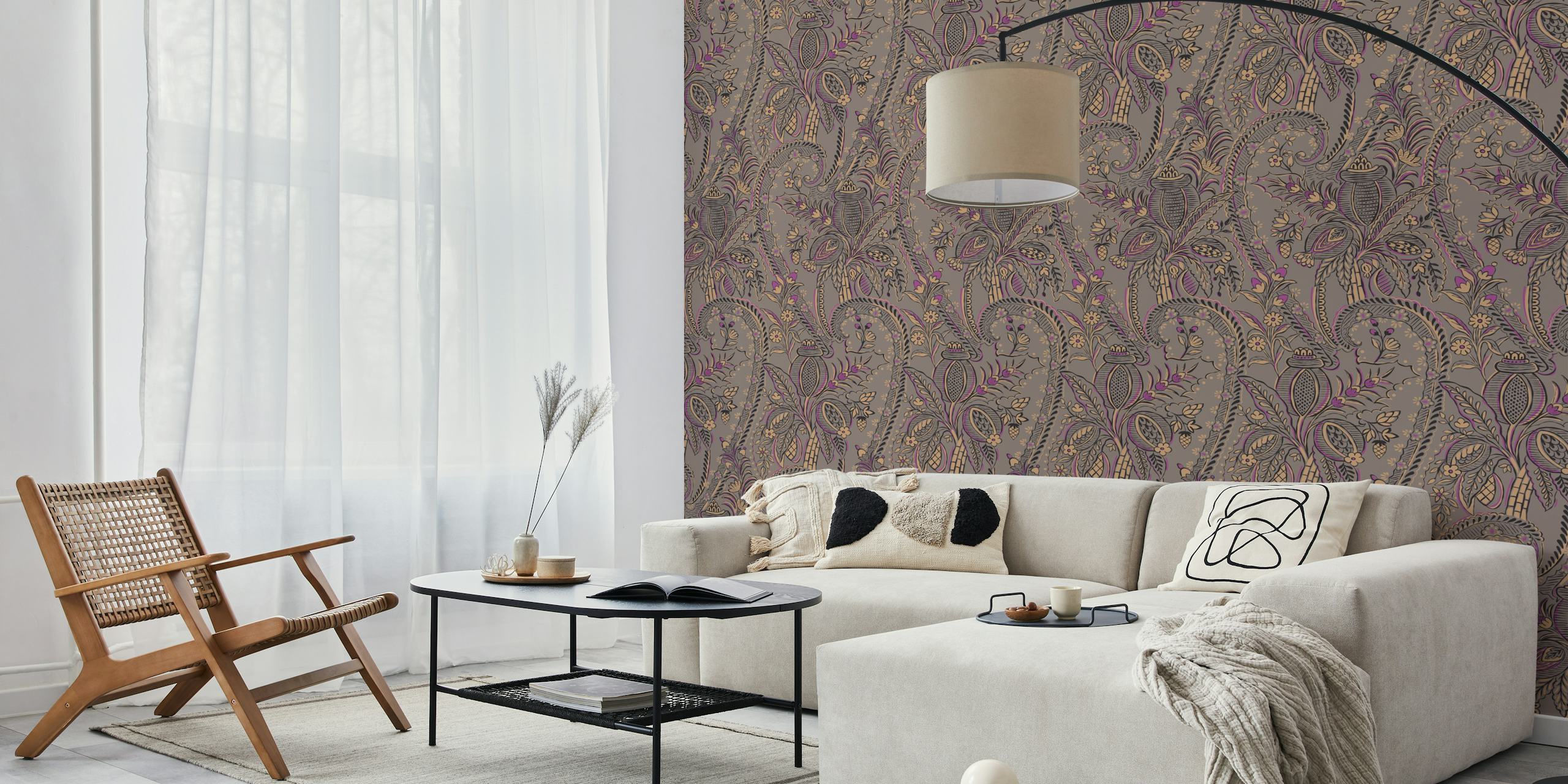 Bohemian botanical taupe tapetti huoneessa