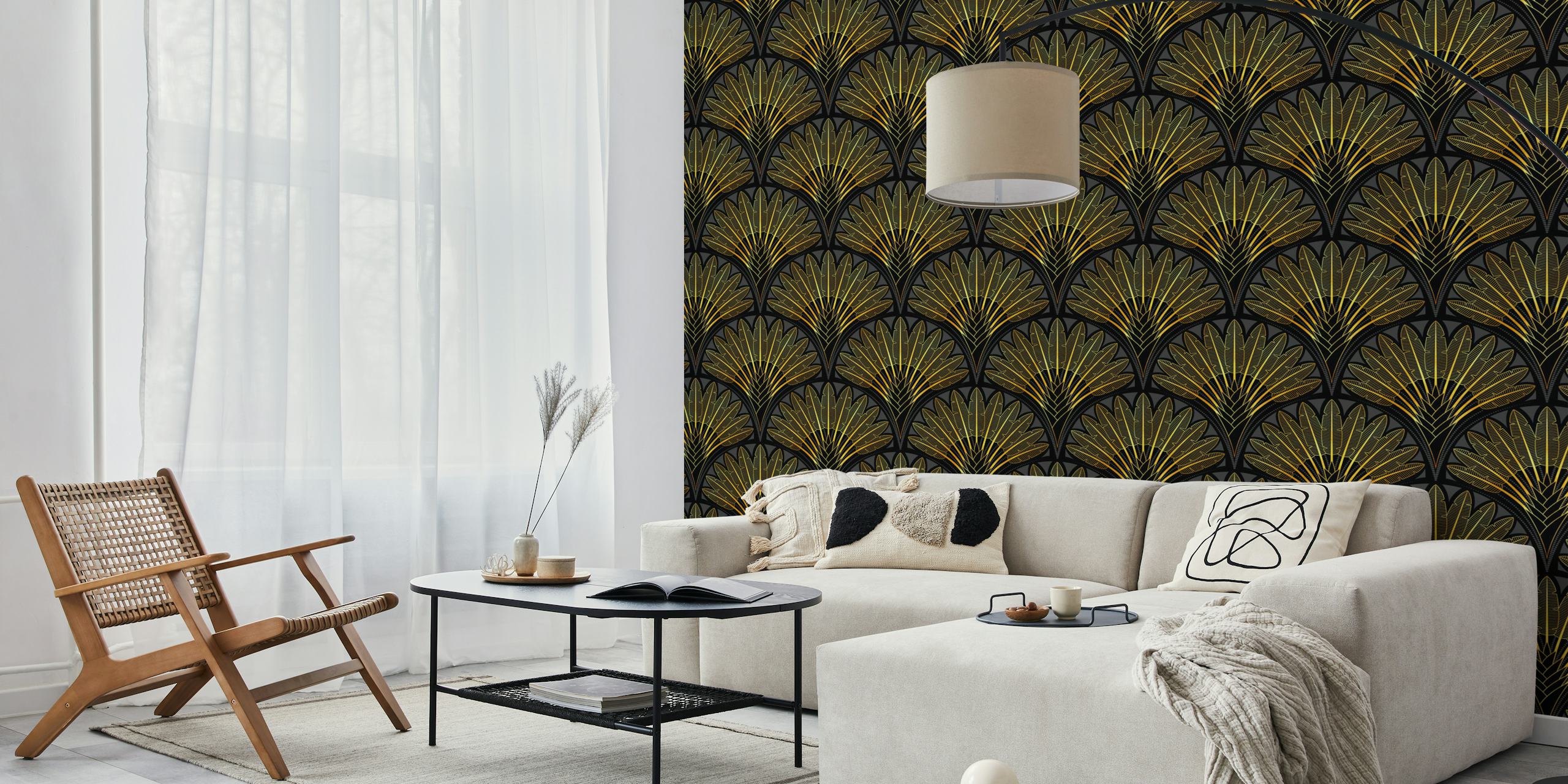 Art Deco palm leaves in gold and black wallpaper