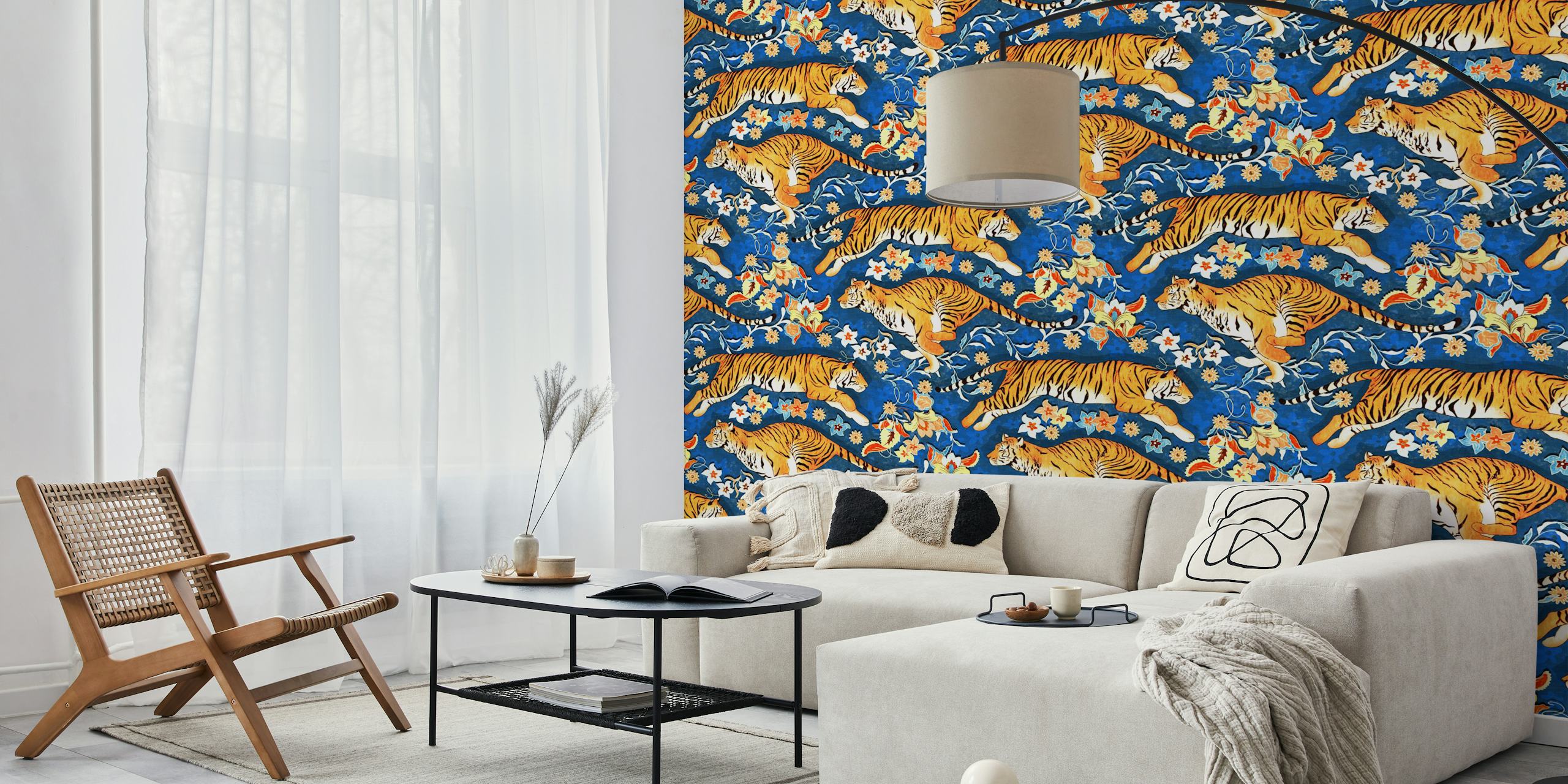 Tigers among floral patterns on blue background wallpaper