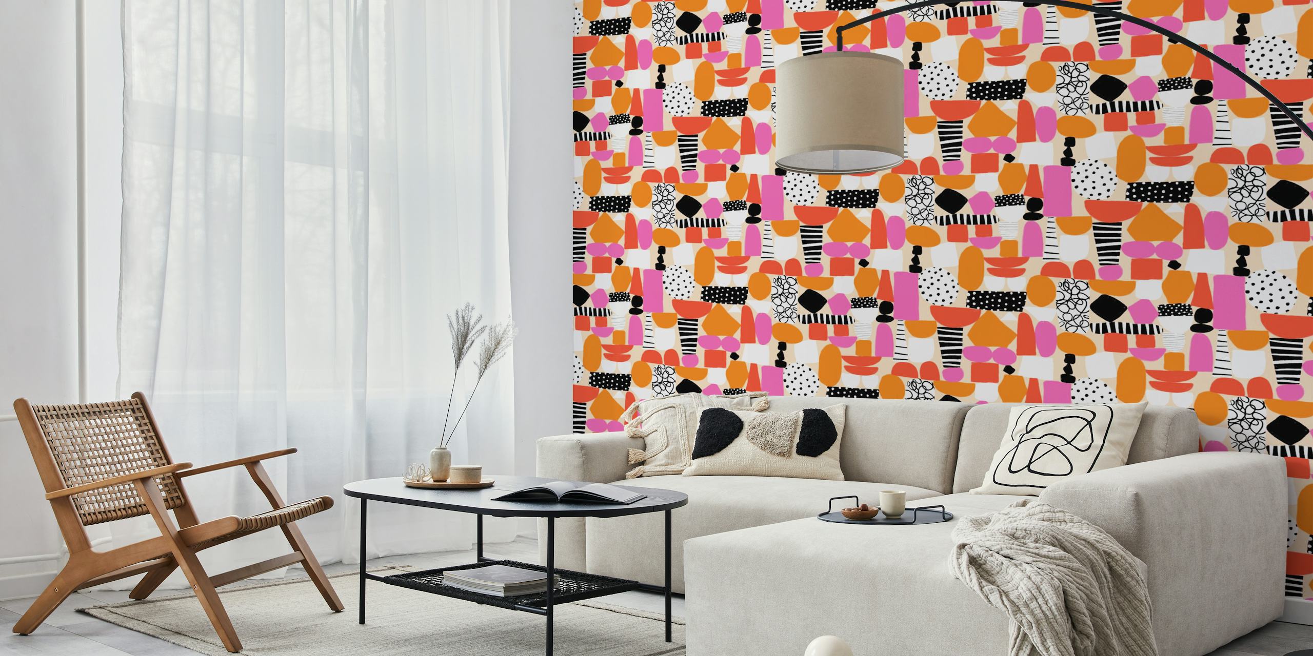 Colorful cut-out doodle pattern in pink, orange, and black wallpaper