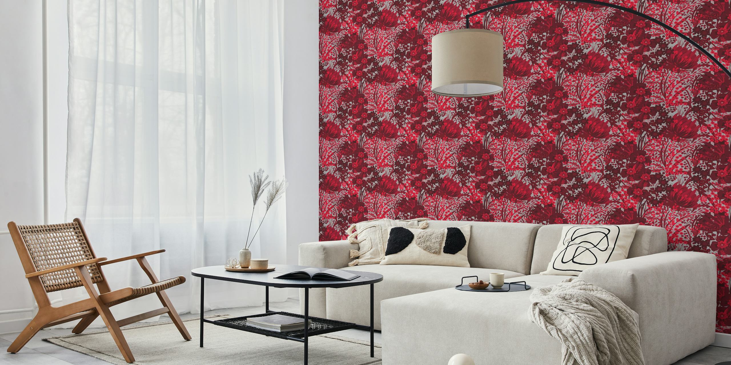 vibrant red floral pattern wallpaper with intricate flowers and foliage