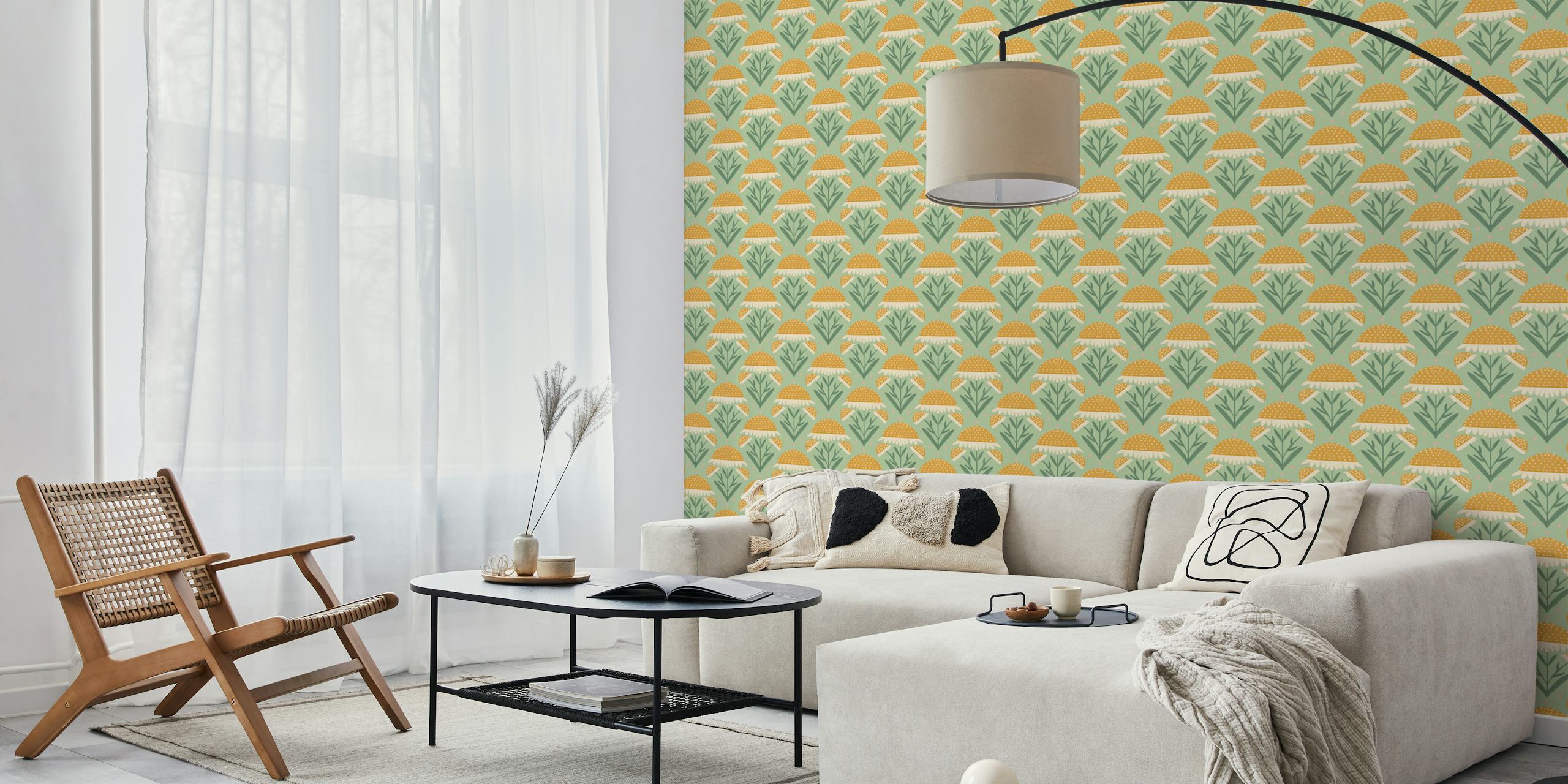 Yellow spotted mushrooms and green leaves floral design wallpaper