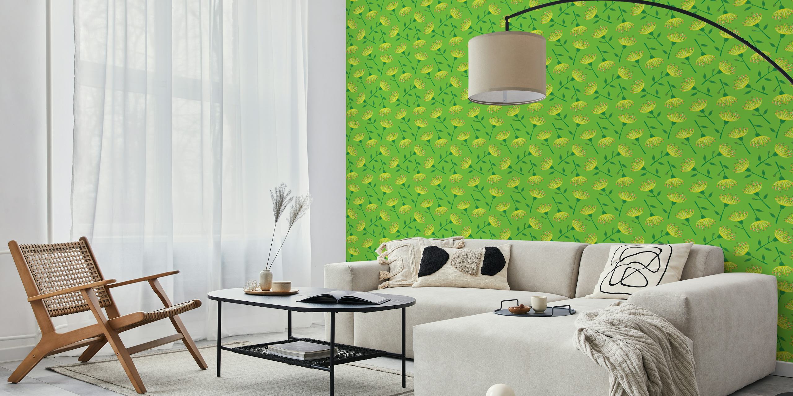 Eucalyptus floral design with pink and green flowers on lime green wallpaper