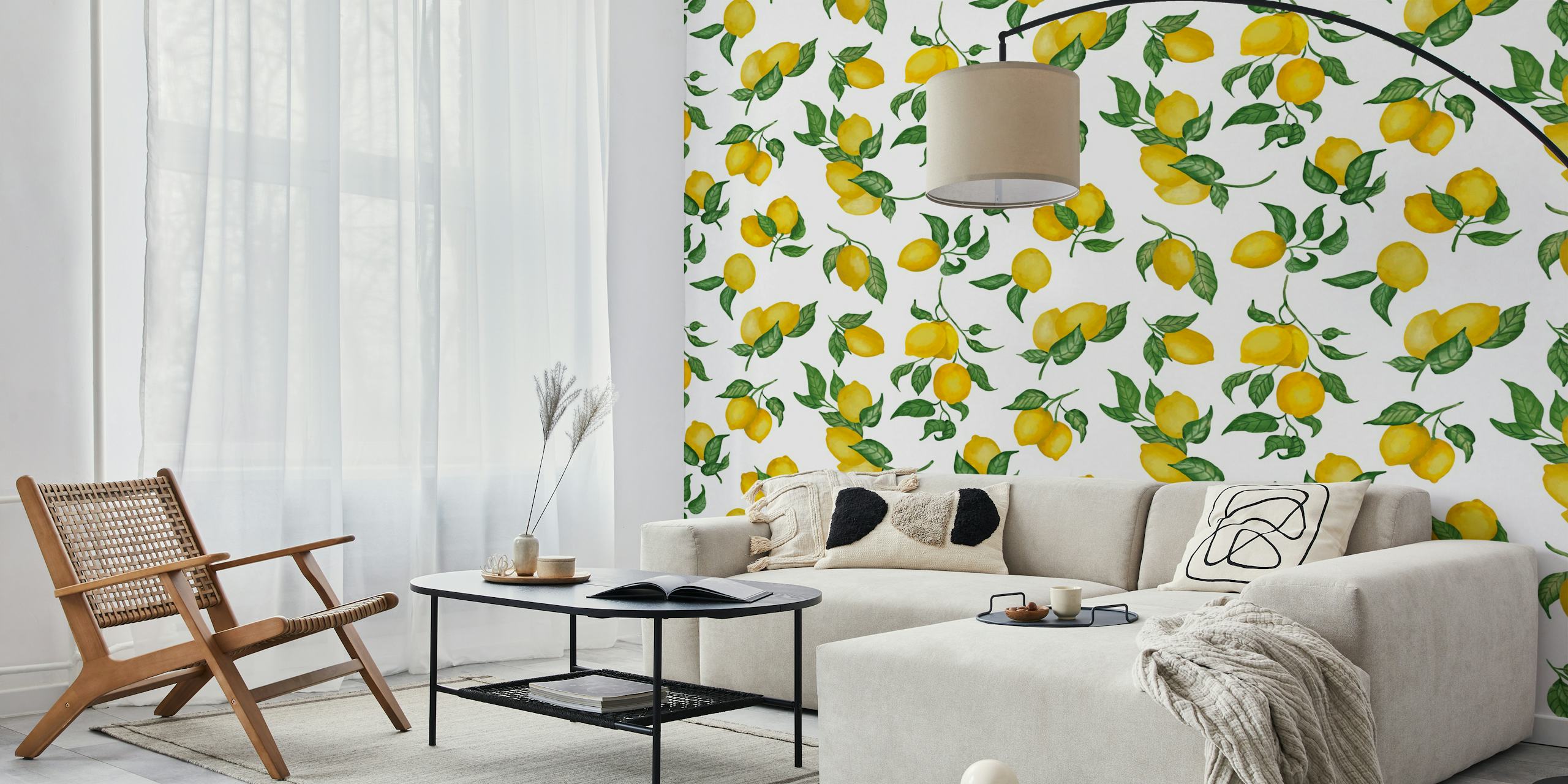 Lemons with green leaves on a white background wallpaper