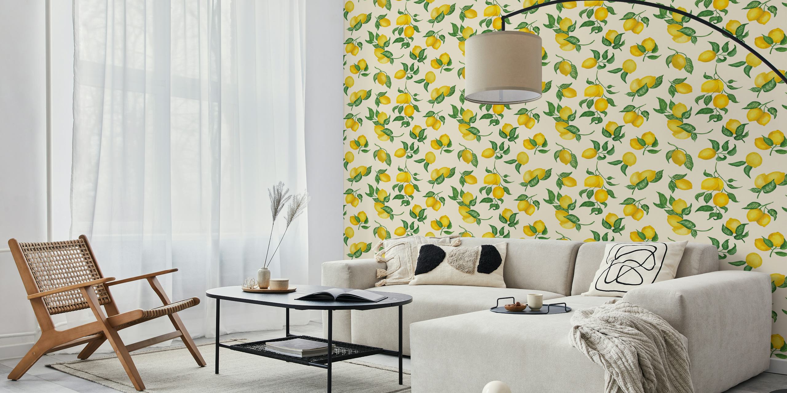 Lemon and leaf pattern on pastel ivory background wallpaper