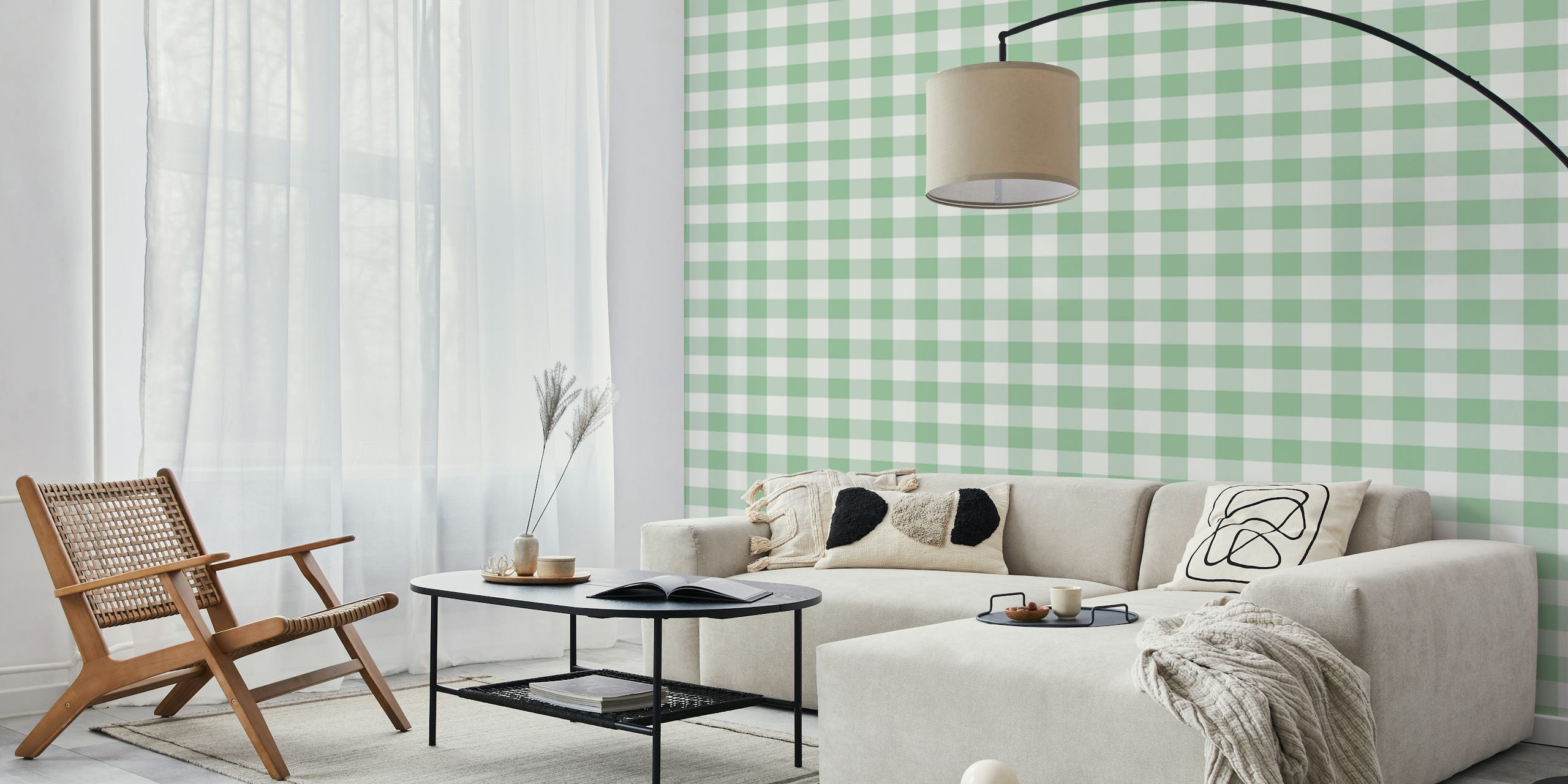 Gingham 5 Pastel Mint Green wallpaper displayed