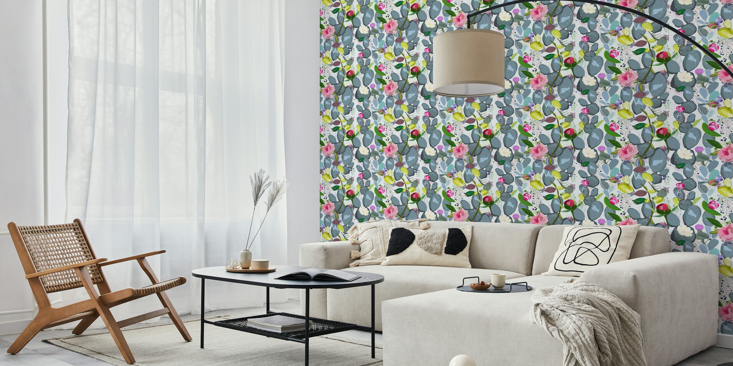 Cactus and colorful flowers pattern wallpaper