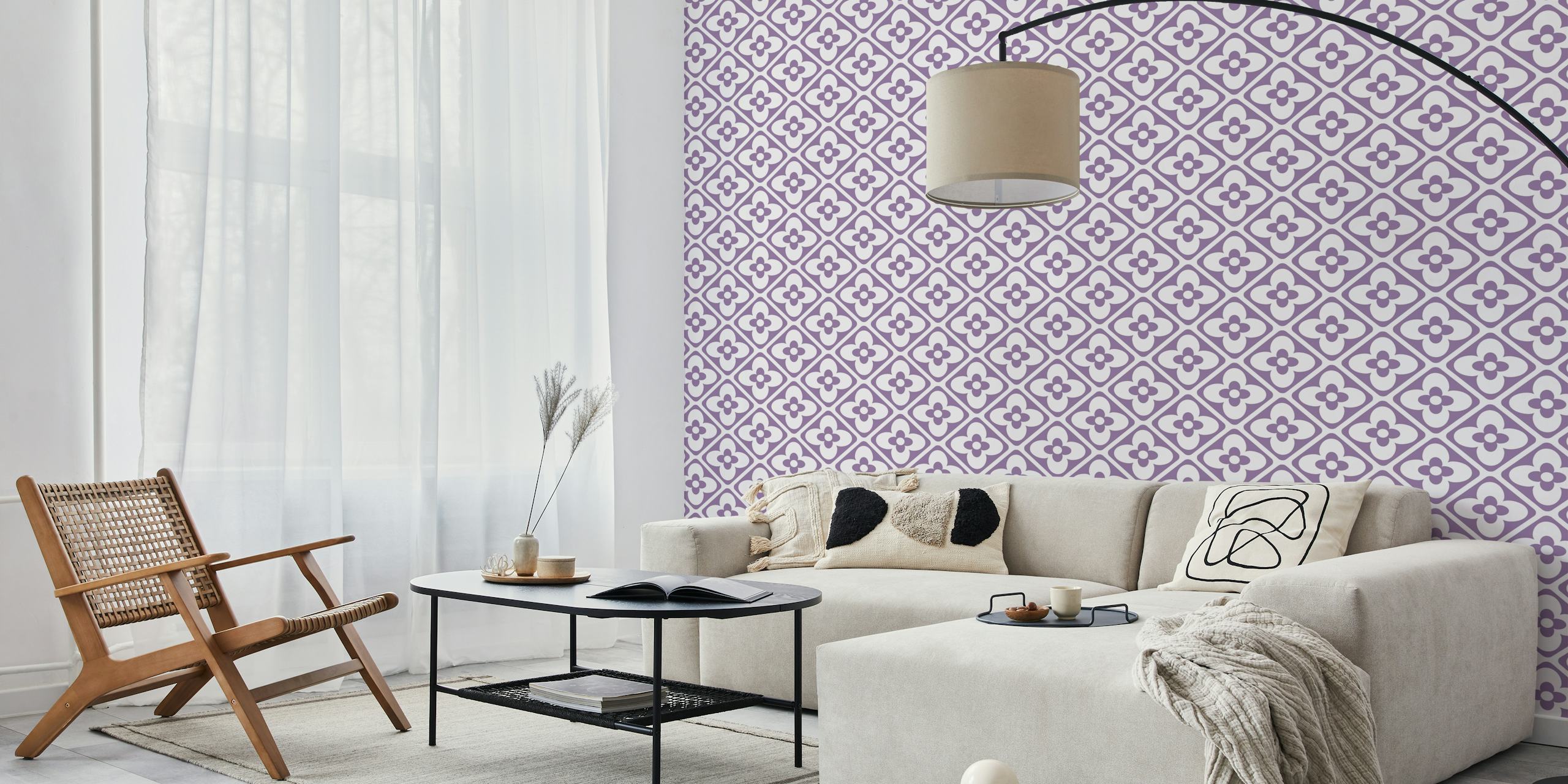 Retro Purple Geo Floral Motif Wallpaper in een kamer