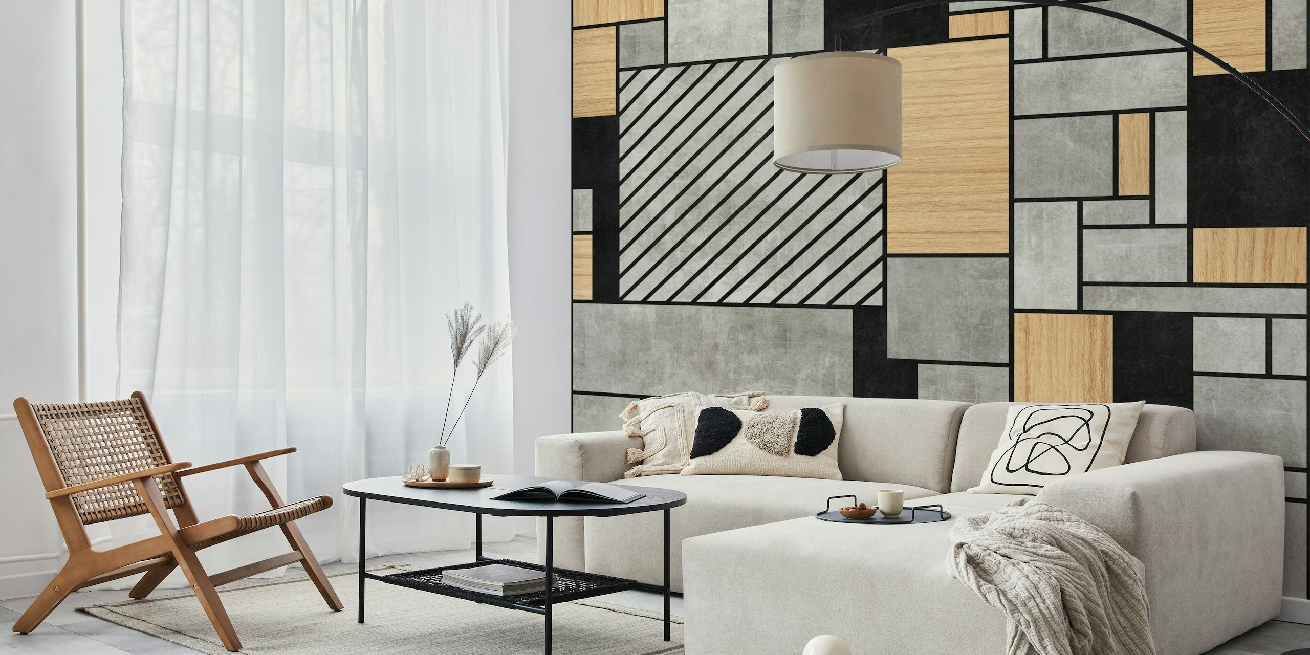 Fotomural vinílico abstrato de padrão aleatório com texturas de concreto e madeira para interiores modernos