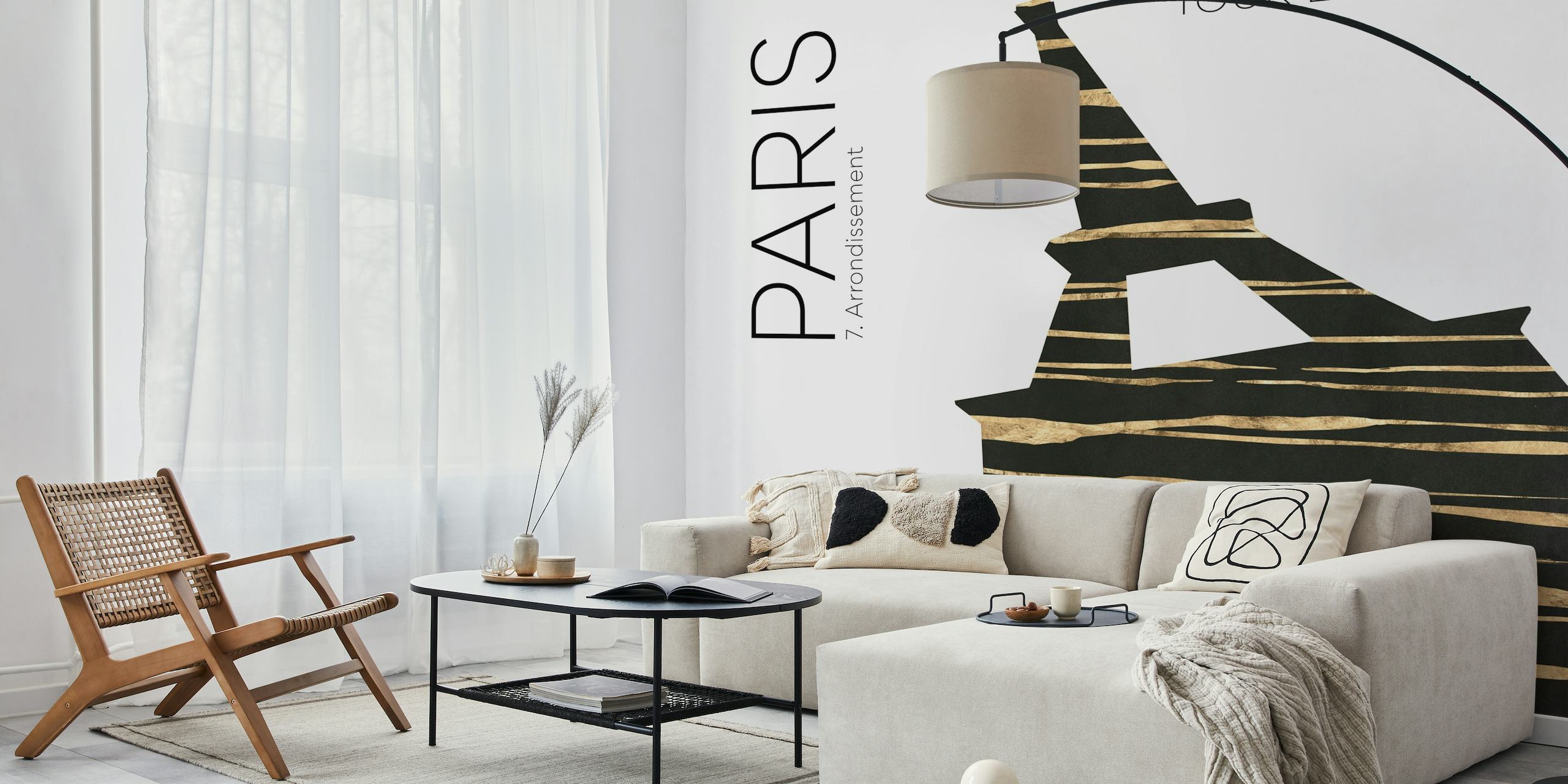 Carta da parati di arte urbana stilizzata della Torre Eiffel con texture astratte ed elementi ispirati a Parigi