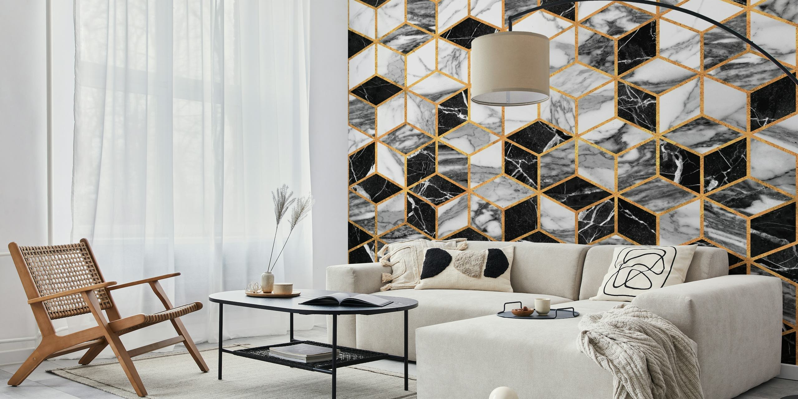 Fotomural patrón de cubos de mármol blanco y negro con detalles dorados